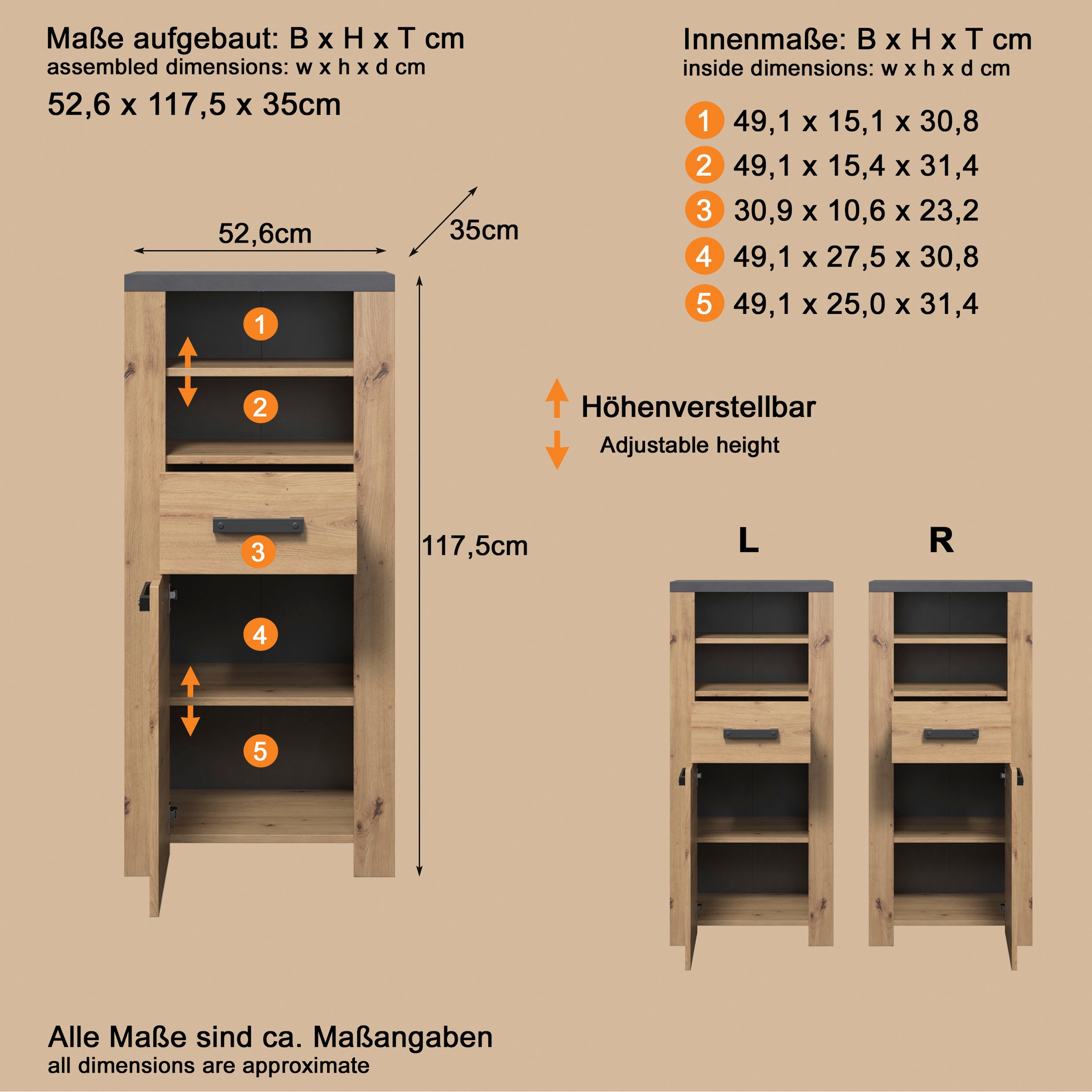 welltime Midischrank »Ambres« 1 Stk. tlg. Badschrank in matter Echtholzoptik - Masse (B/T/H) 53/35/118 cm