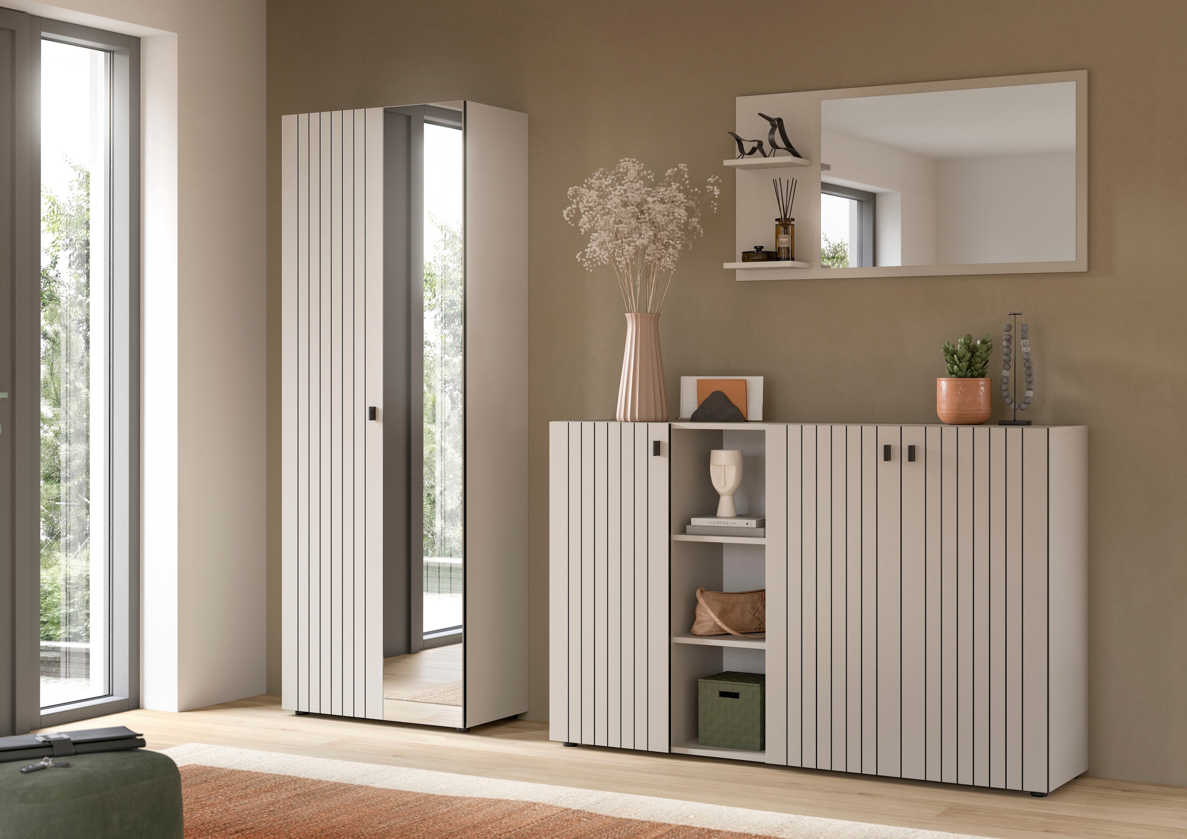 Home affaire Garderoben-Set »TATIO, 3-tlg. Garderobenkombination, Breite: 235 cm, Rillenfräsung« Set, Set, best. aus: 1 Garderobenschrank, 1 Garderobenspiegel, Schuhkommode, 3 Stk. tlg.