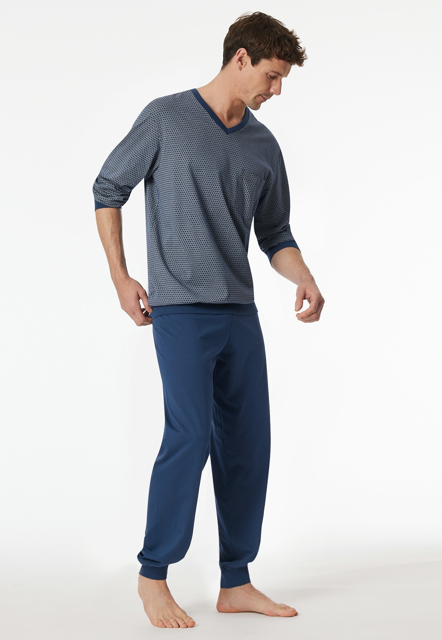 Schiesser Pyjama »Comfort Essentials«, (2 tlg.), V-Ausschnitt, Brusttasche, Baumwolle, Langarm
