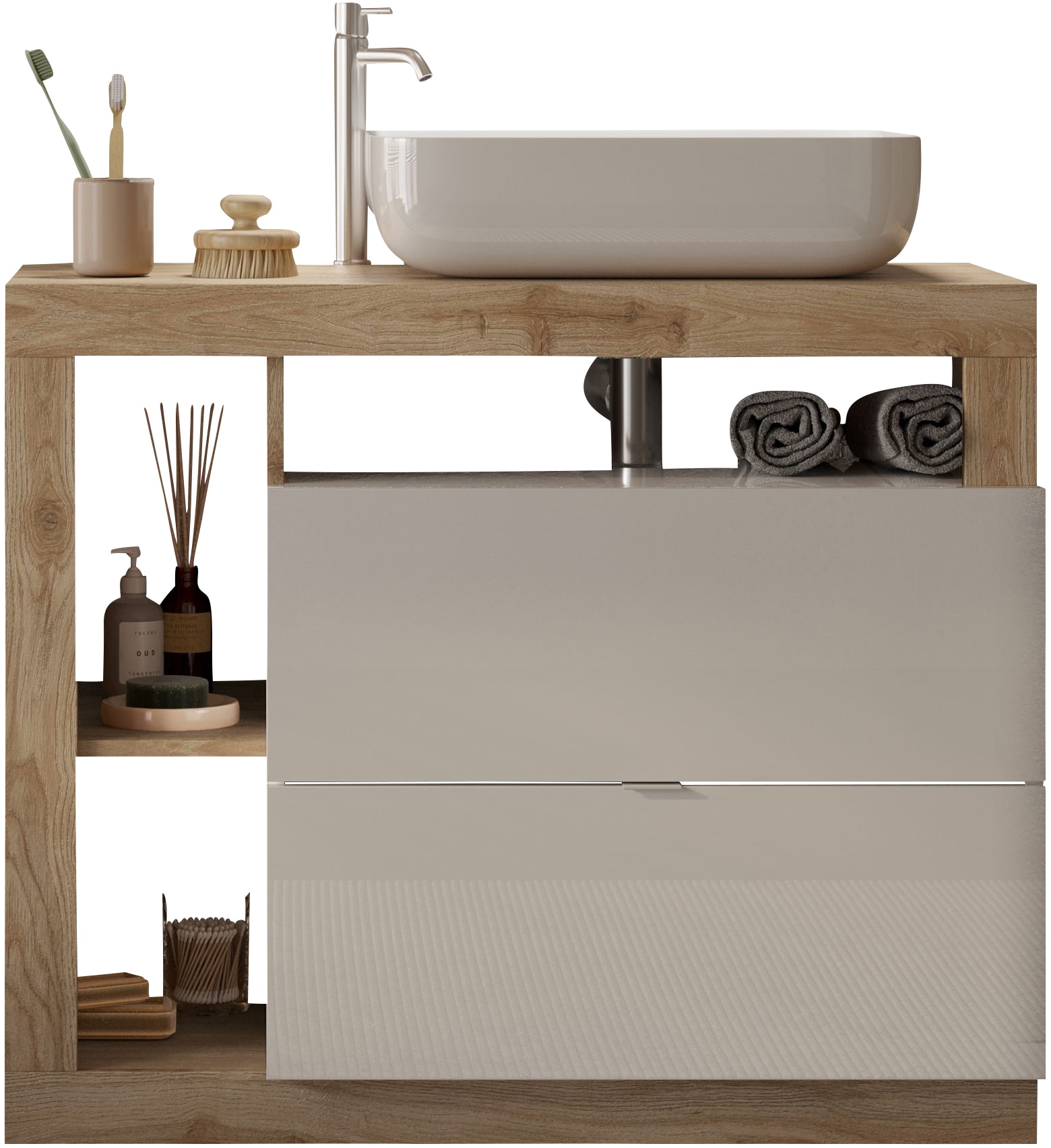 Image of welltime Waschtisch "Hamburg" 2 Schubkästen, Breite 92 cm, Soft-Close, inkl. Keramik-Aufsatzbecken
