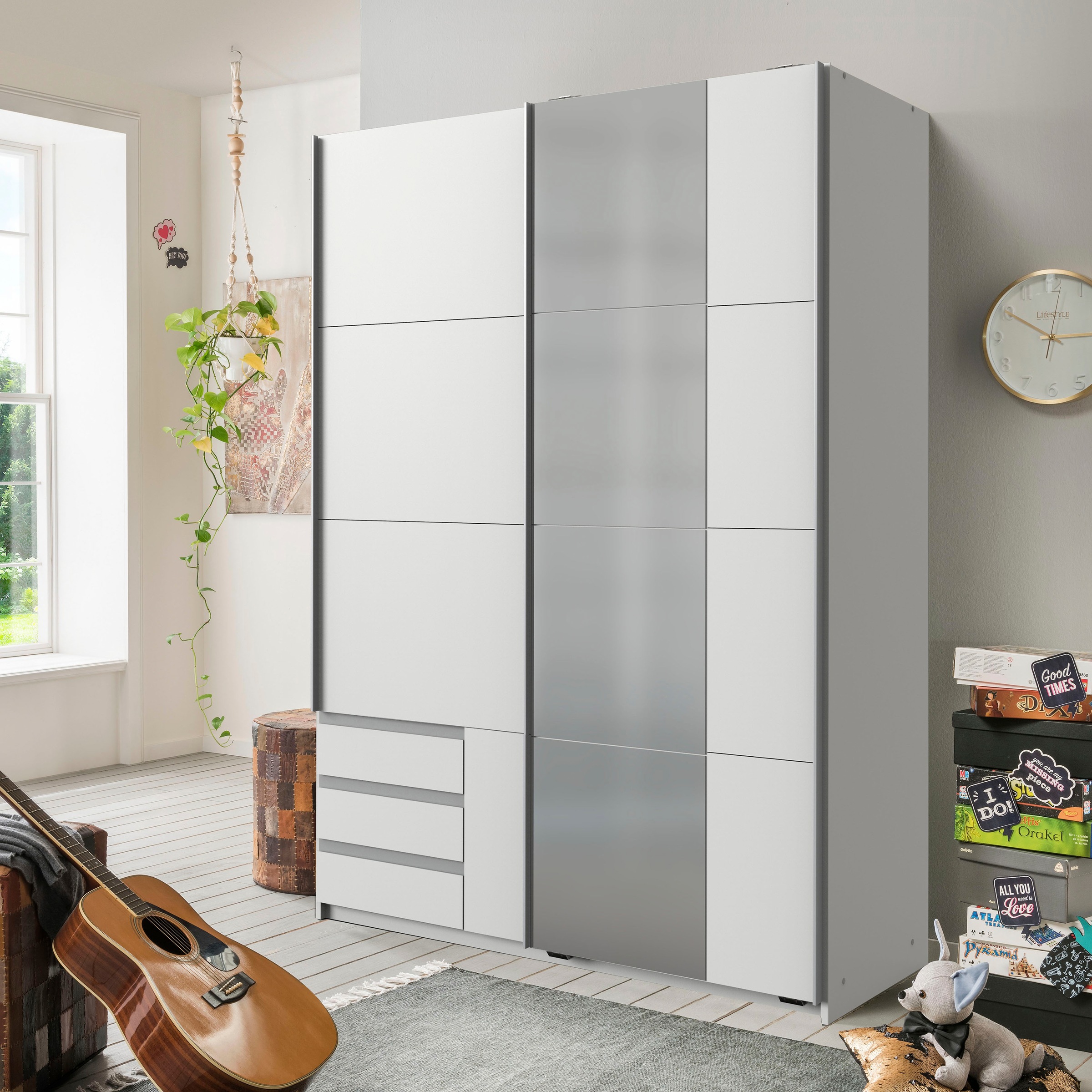 Wimex Schwebetürenschrank "Emden moderner Kleiderschrank mit Spiegel und Schubladen" Schlafzimmer Schrank Garderobenschrank mit Schwebetüren Topseller