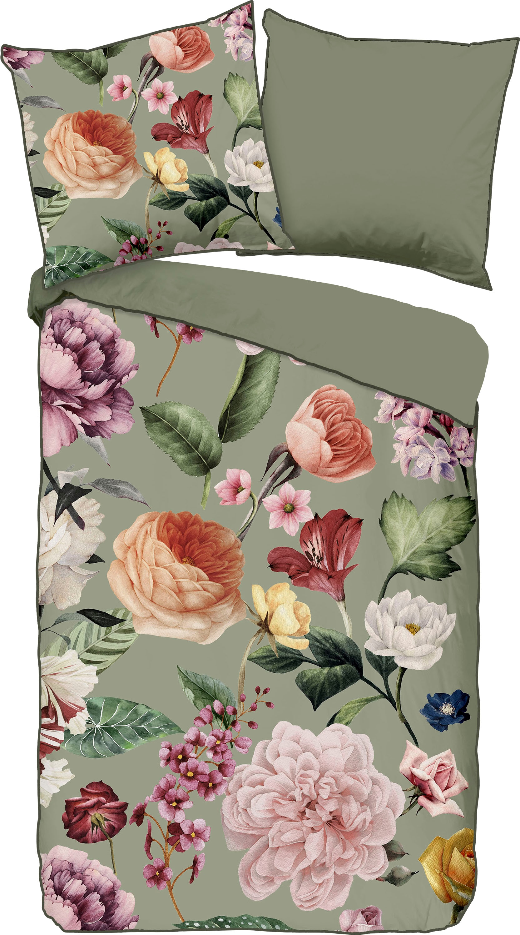 Descanso Wendebettwäsche »Fiori«, Baumwolle, Satin, 135x200, Biese, Reissverschluss, Wende, Blumen Sand