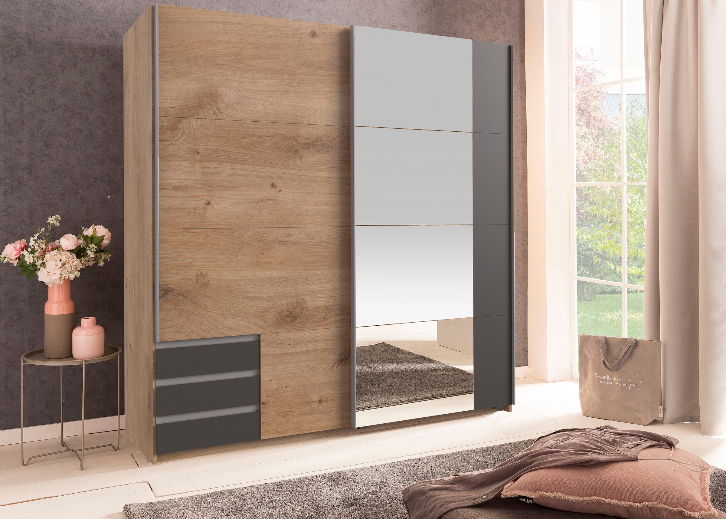 Wimex Schwebetürenschrank »Emden moderner Kleiderschrank mit Spiegel und Schubladen BESTSELLER«, Schlafzimmer Schrank Garderobenschrank mit Schwebetüren Topseller