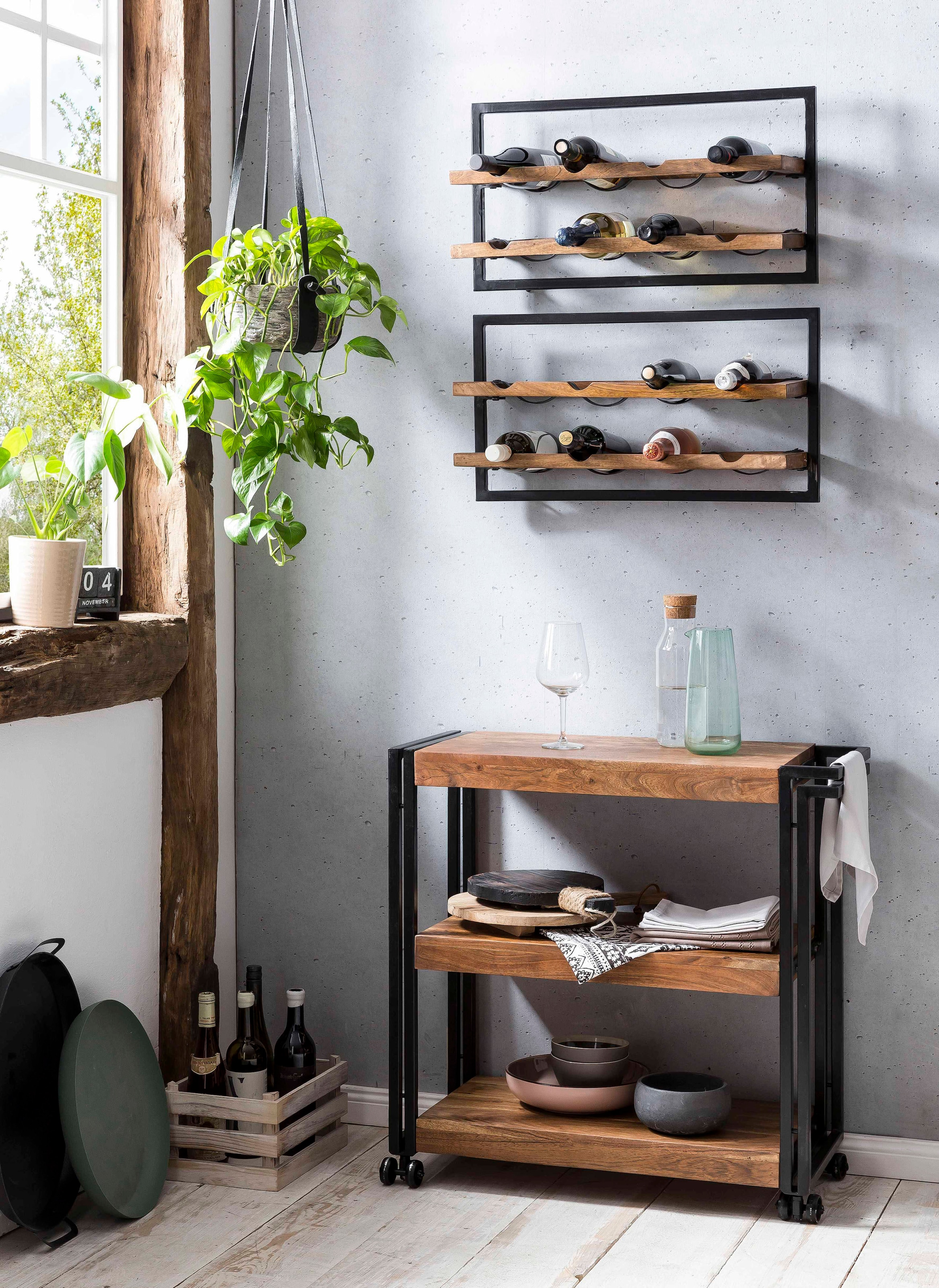SIT Weinregal »Wandregal PANAMA – Industrial Regal aus Mango‑Holz & Altmetall« Weinregal für 8 Flaschen