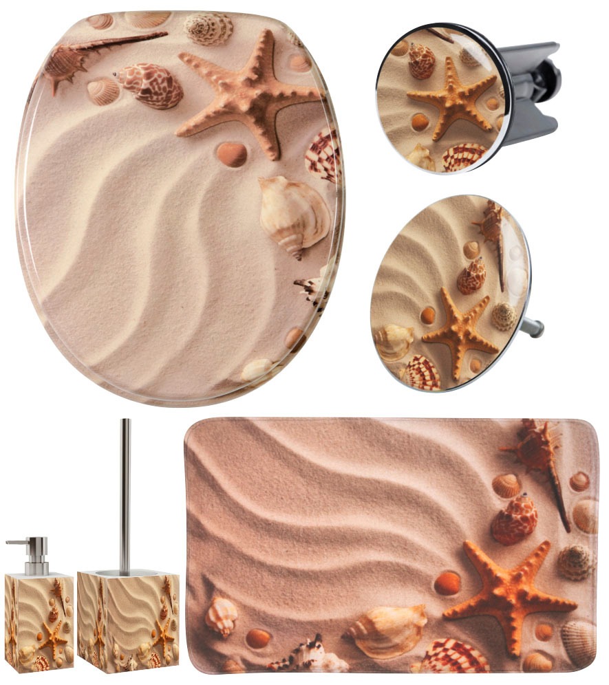 Image of Sanilo Badaccessoire-Set "Sanibel" bestehend aus WC-Sitz, Badteppich, Stöpsel, Seifenspender, WC-Bürste