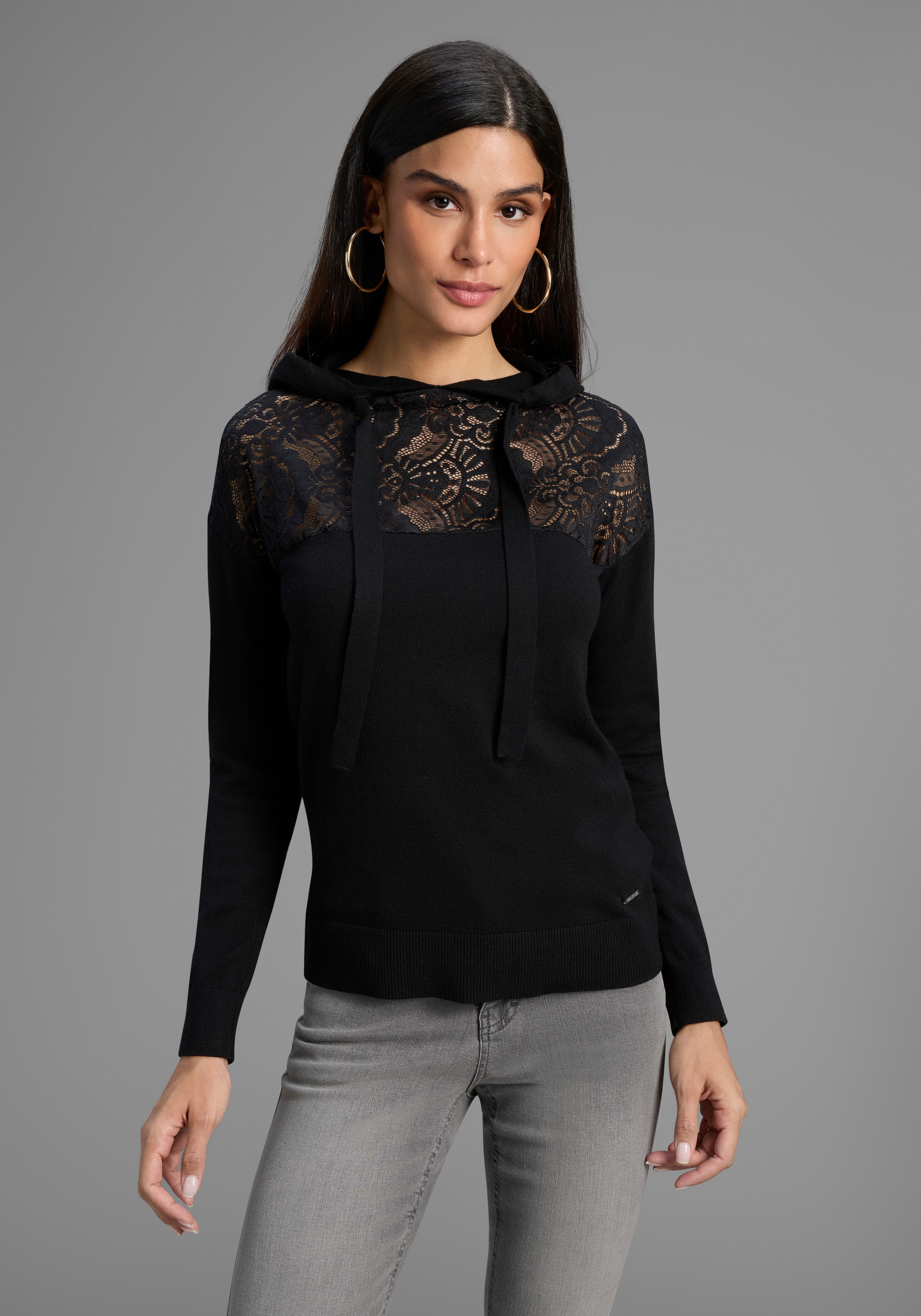 Image of Laura Scott Kapuzenpullover kuscheliger Winterstrick mit femininem Spitzeneinsatz