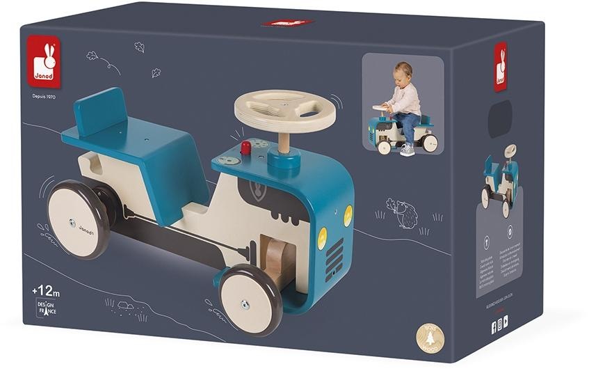 Janod - Traktor Rutscher aus Holz - Baby Rutschauto - Mit Lenkrad,  Integrierter Hupe und Anhängerkupplung - Geräuscharme Räder - Holzspielzeug  