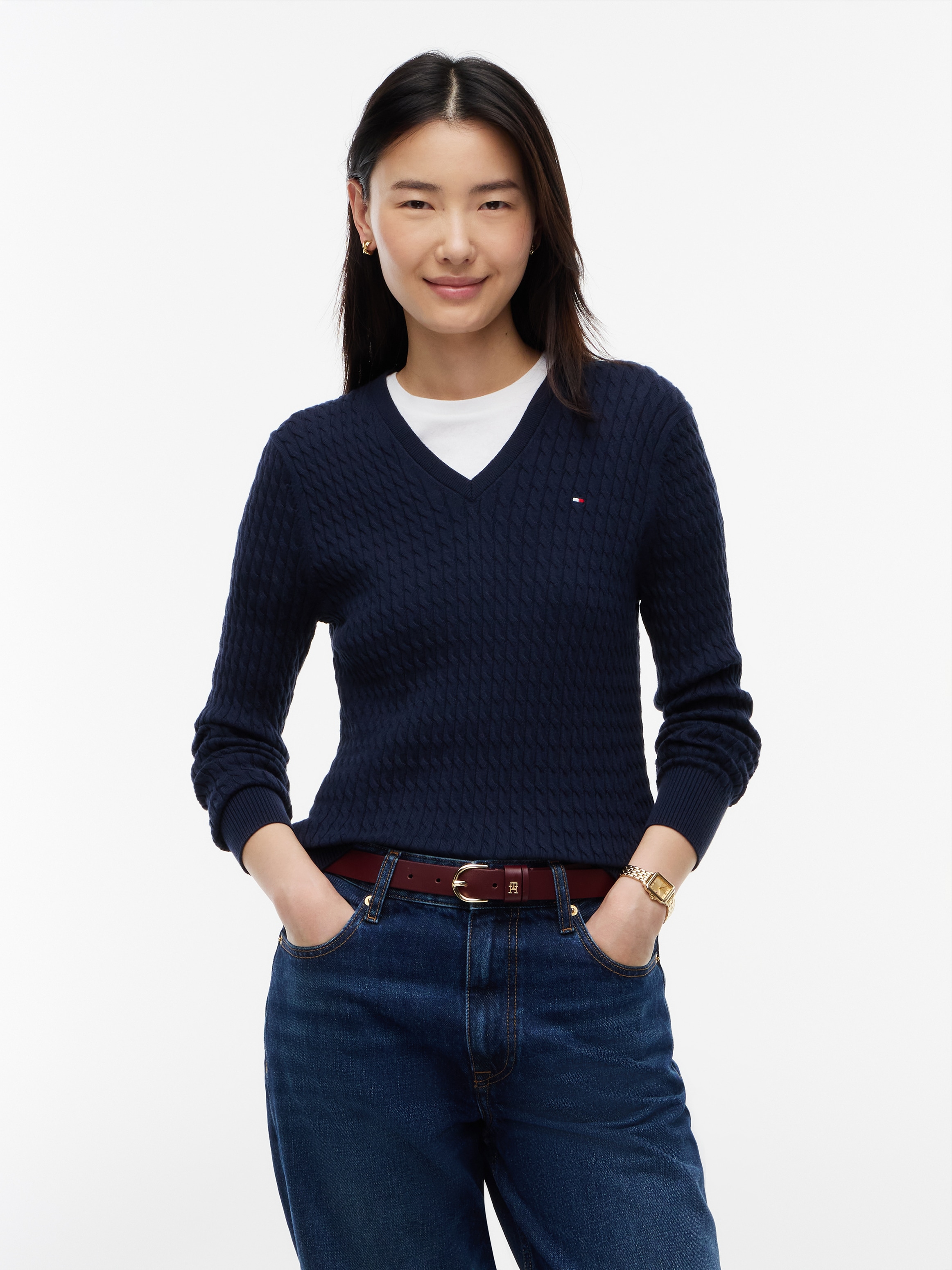 Tommy Hilfiger Strickpullover »CO CABLE FINE GG V-NK LS SWT« Baumwolle, mit Zopfmuster