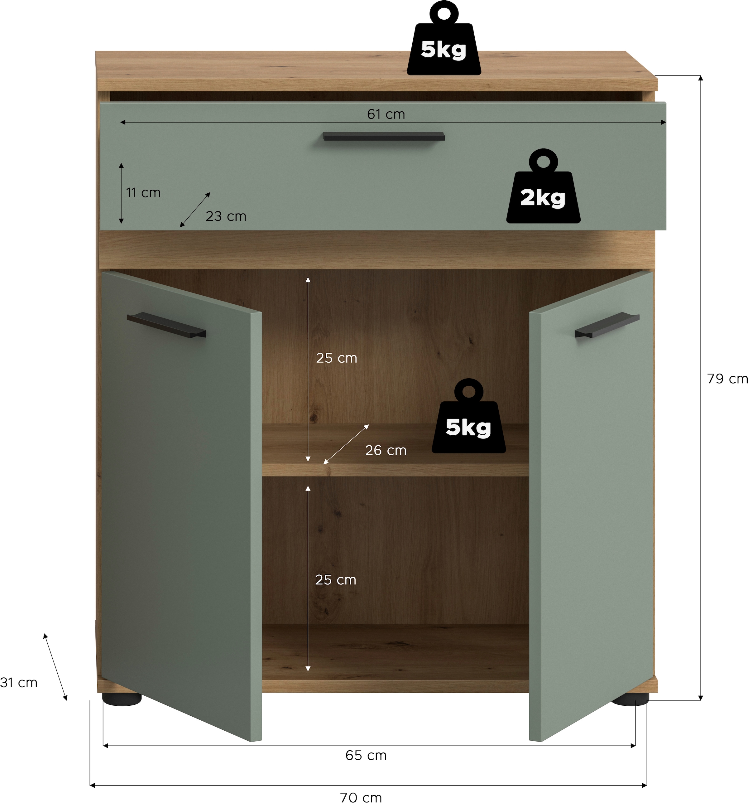welltime Midischrank »LUCCA, Höhe 79 cm, 2 Türen, 1 Schubkasten, 1 Einlegeboden«