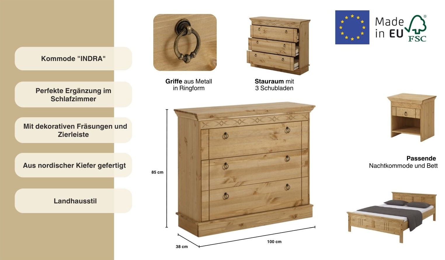 GOODproduct Commode à tiroirs »Indra« aus massiver Kiefer, mit 3 Schubladen, Breite: 100 cm