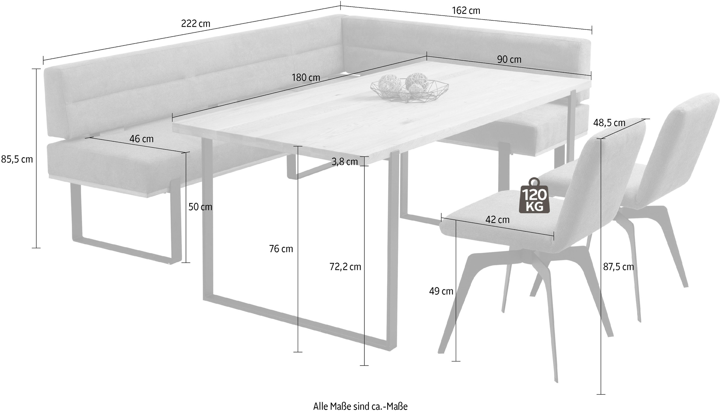 Home affaire Eckbankgruppe »Erin Essgruppe Küche Esszimmer«, (Set, 4 tlg., Tisch, 2 Stühle, 1 Eckbank), Tisch Stühle Eckbank