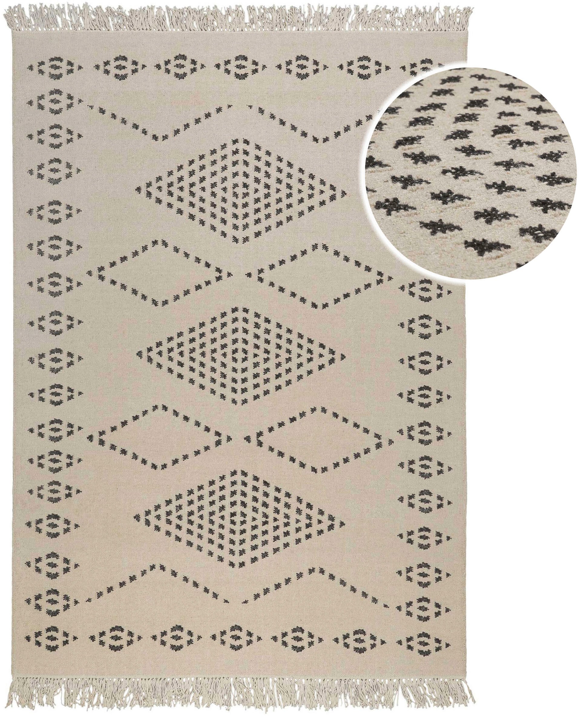 Green Looop Wollteppich »Belmont« rechteckig 5 mm Höhe Fransen, Kelim, handgewebt, Natur, Wohnzimmer, Schlafzimmer, Raute