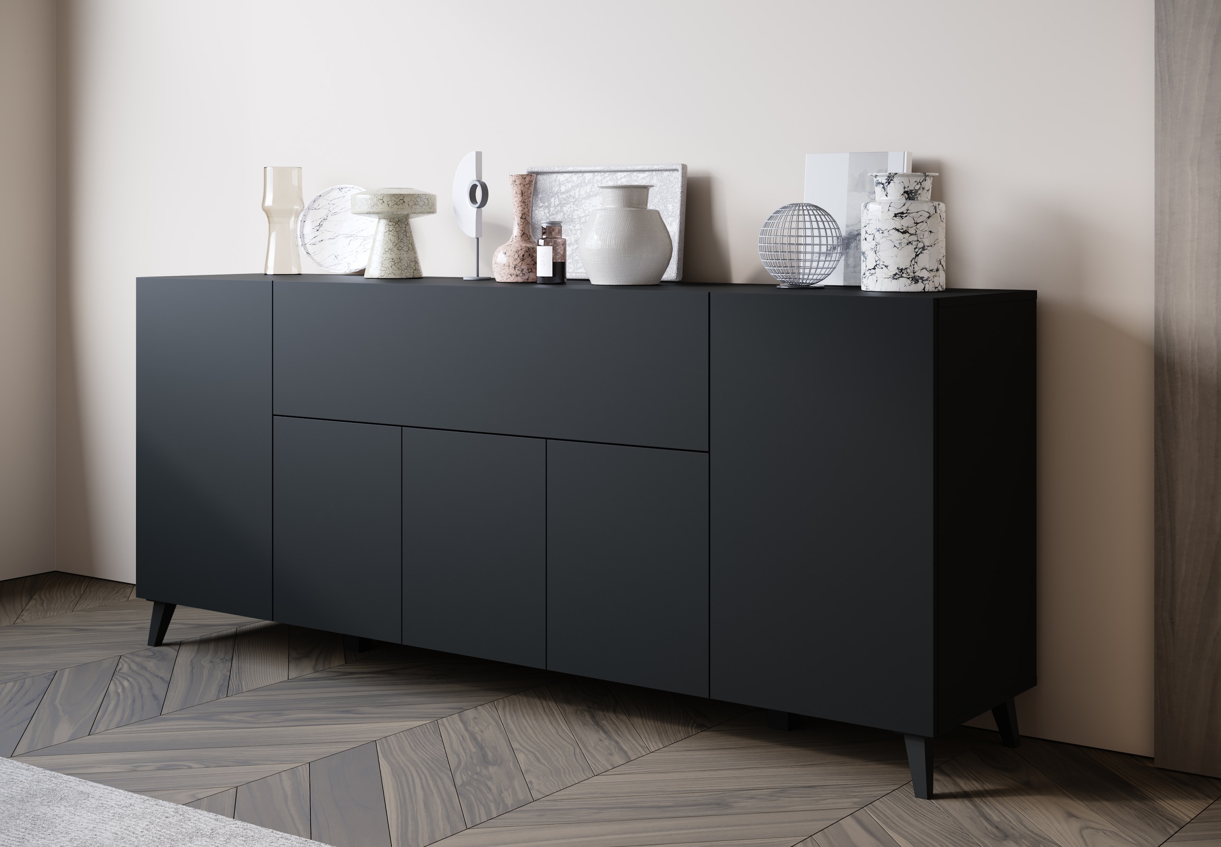 Home affaire Buffet »SIDEBOARD PHUKET II, Stilvolle, grifflose kommode, Breite 180cm« avec 5 portes, 1 abattant, 7 compartiments et étagères réglables en hauteur