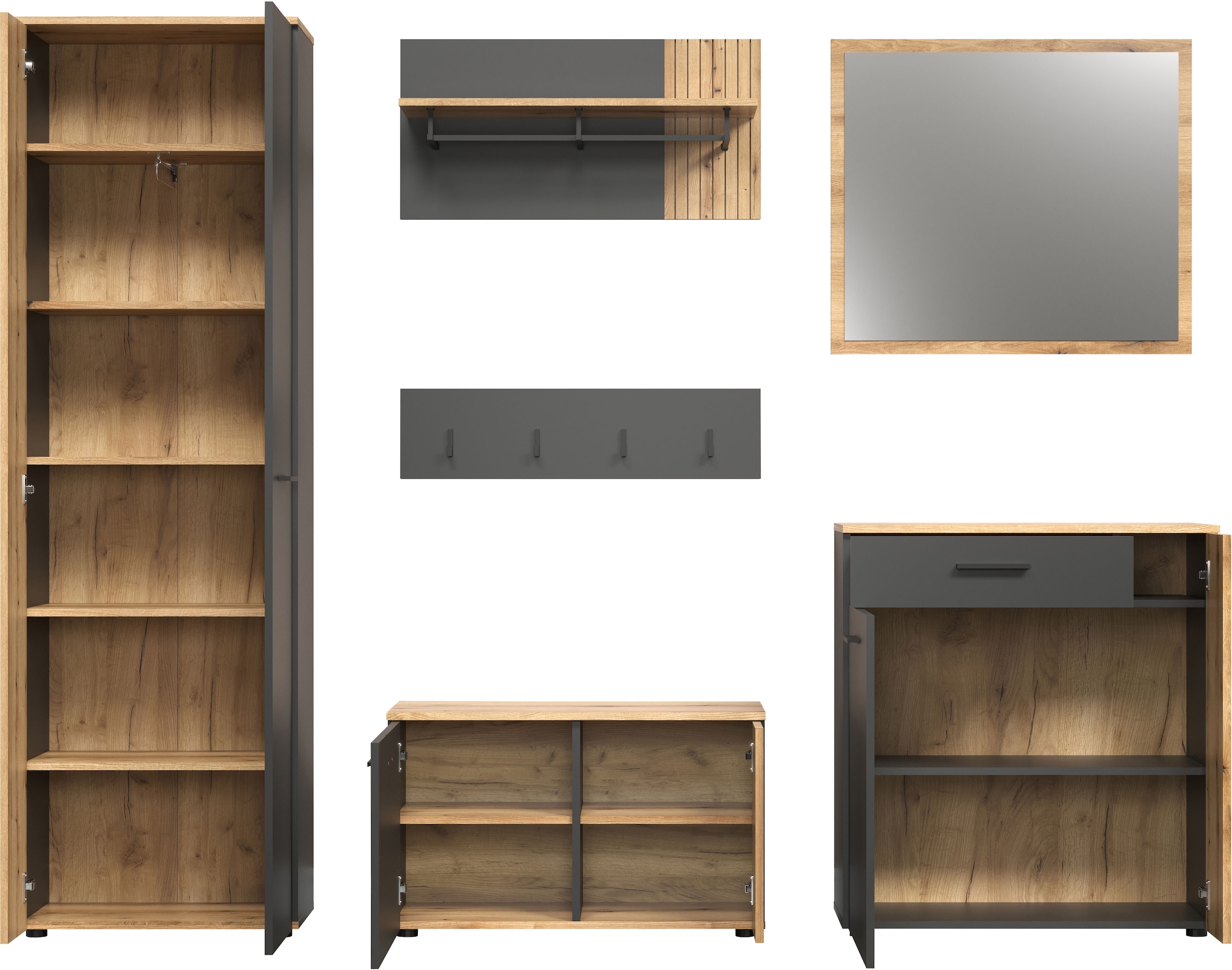 INOSIGN Garderoben-Set »Estepona«, (Komplett-Set, 6 St.), Garderobenmöbel mit Rillenoptik - Masse (B/T/H) 250/36/195 cm