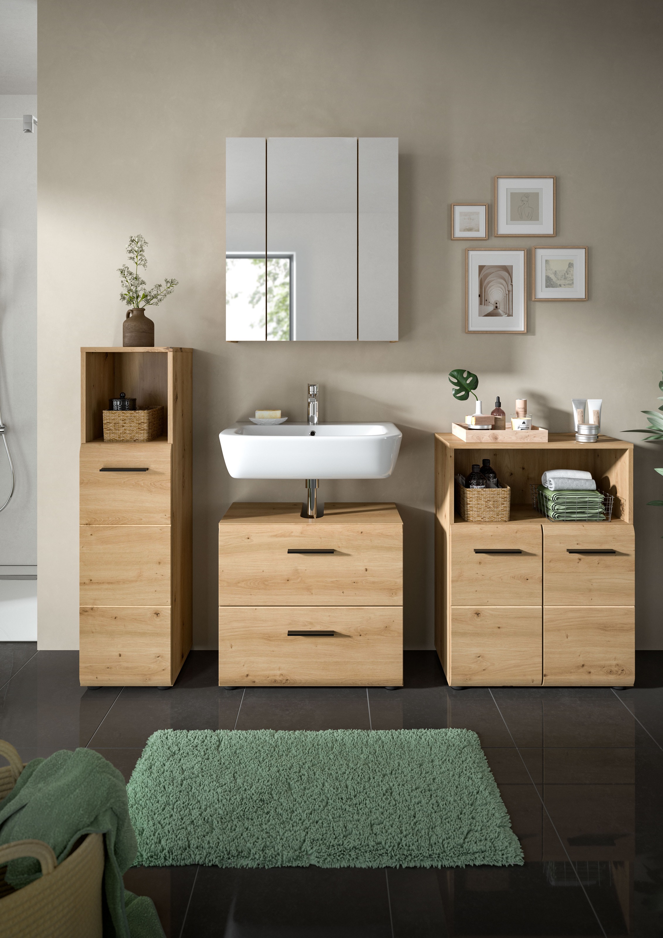 welltime Badmöbel-Set »FLORENZ,  4-teilige Badkombination, hochwertige MDF-Front« Set, Midischrank hoch, WBU, Spiegelschrank, Midischrank breit, 4 Stk. tlg.