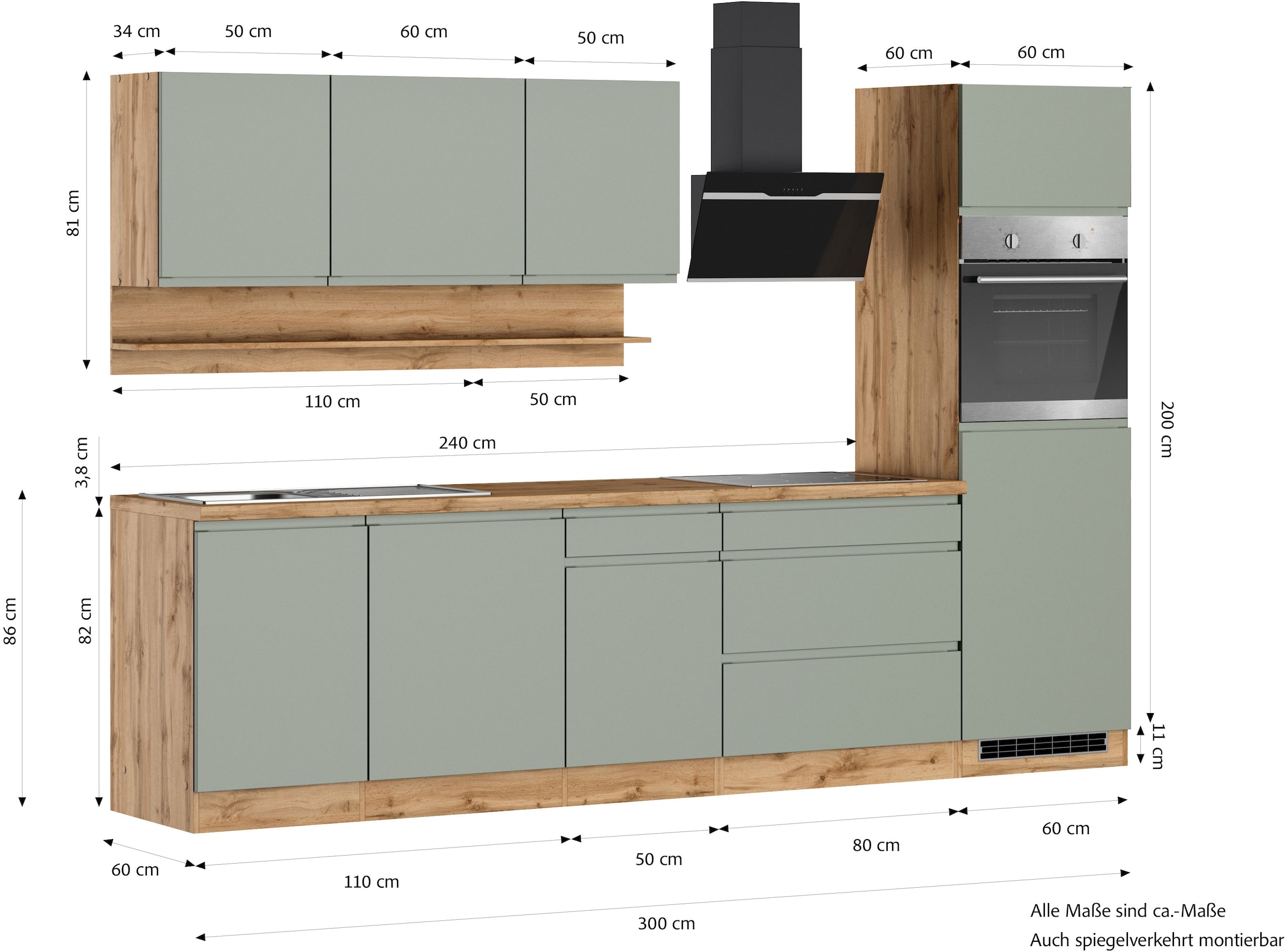 KOCHSTATION Küchenzeile »KS-Virginia,neu in verbesserter Ausführung« Arbeitsplatte 38 mm stark, Stauraum, Softclose,  Breite 300 cm, Soft-Close, wahlweise mit E-Geräten