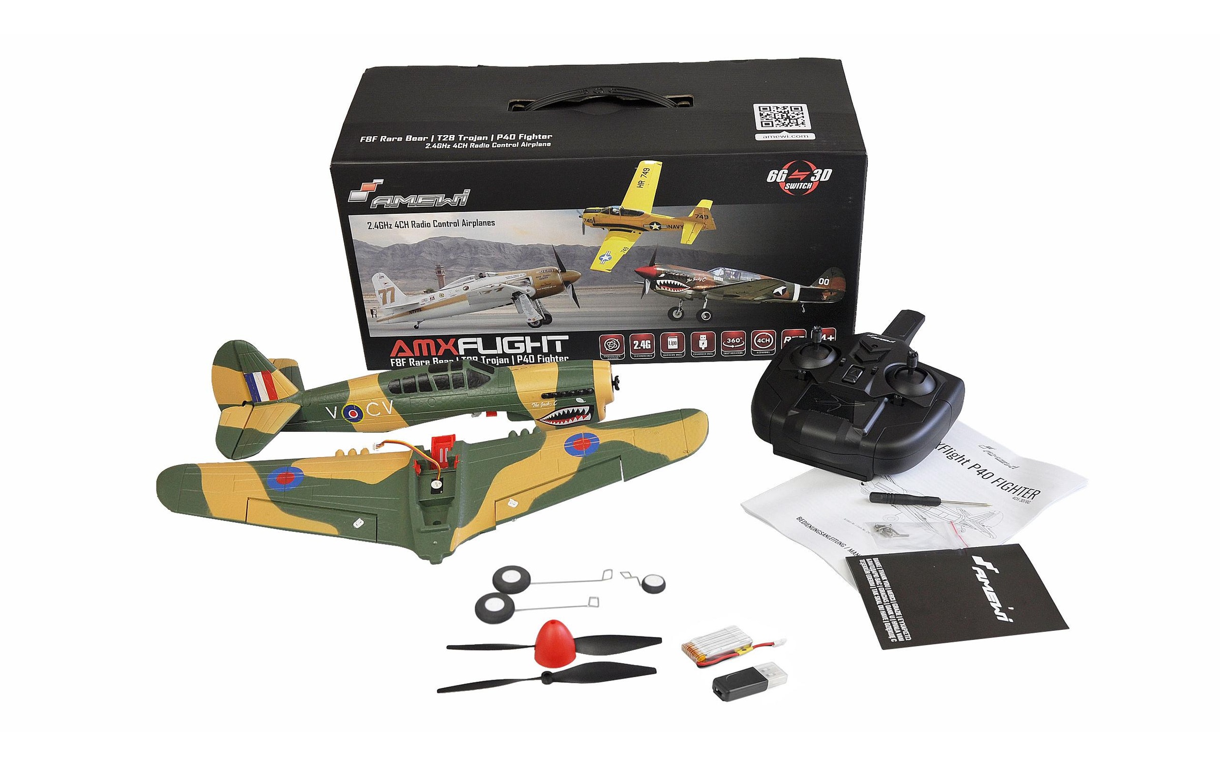 Amewi RC-Flugzeug »Warbird AMXflight P40 Fighter, Gyro, 4-Kanal, 384 mm, RTF«
