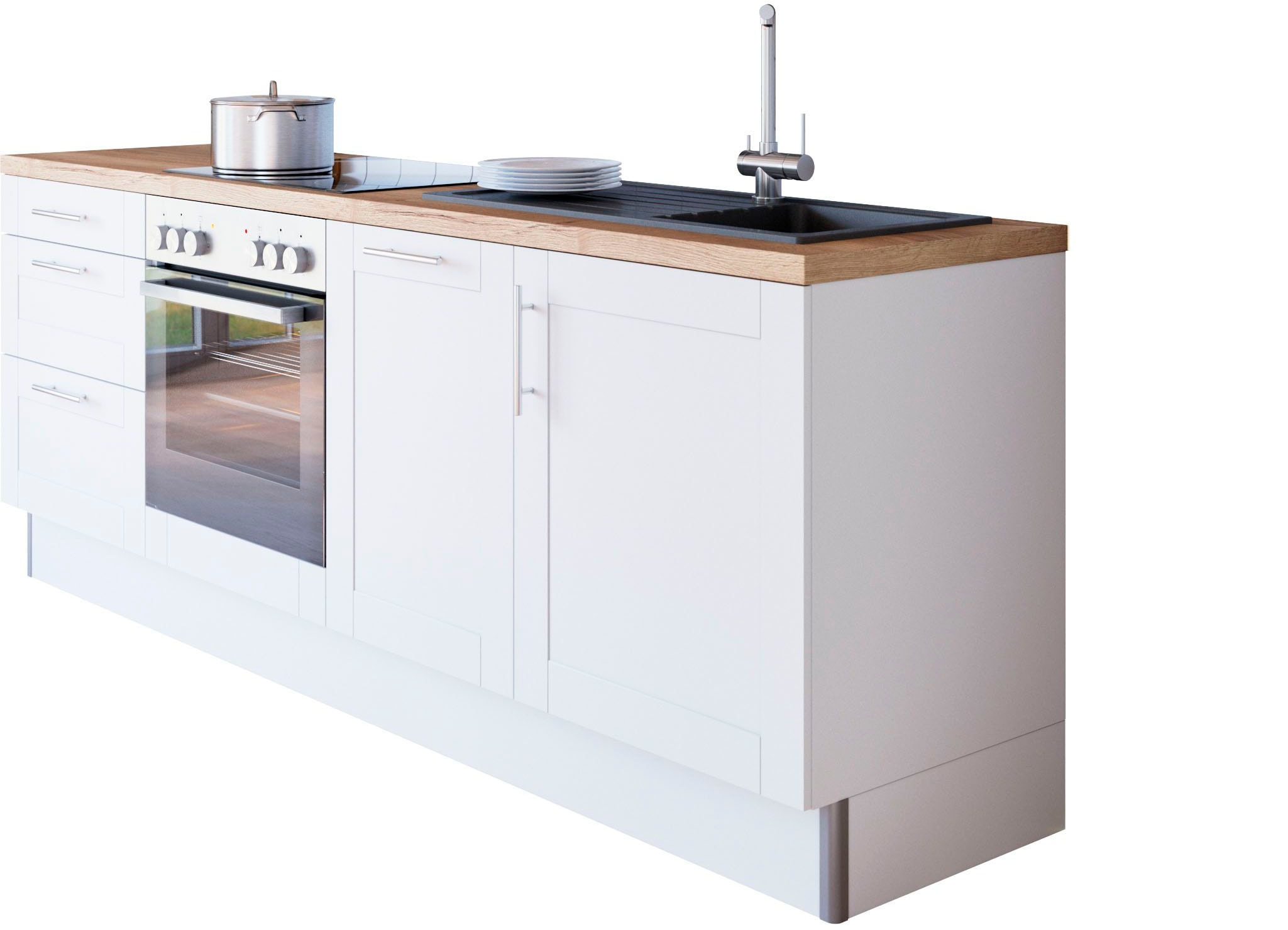 KOCHSTATION Küchenzeile »KS-Ahus«, 225 cm breit,wahlweise mit E-Geräten,Soft Close Funktion, MDF Fronten