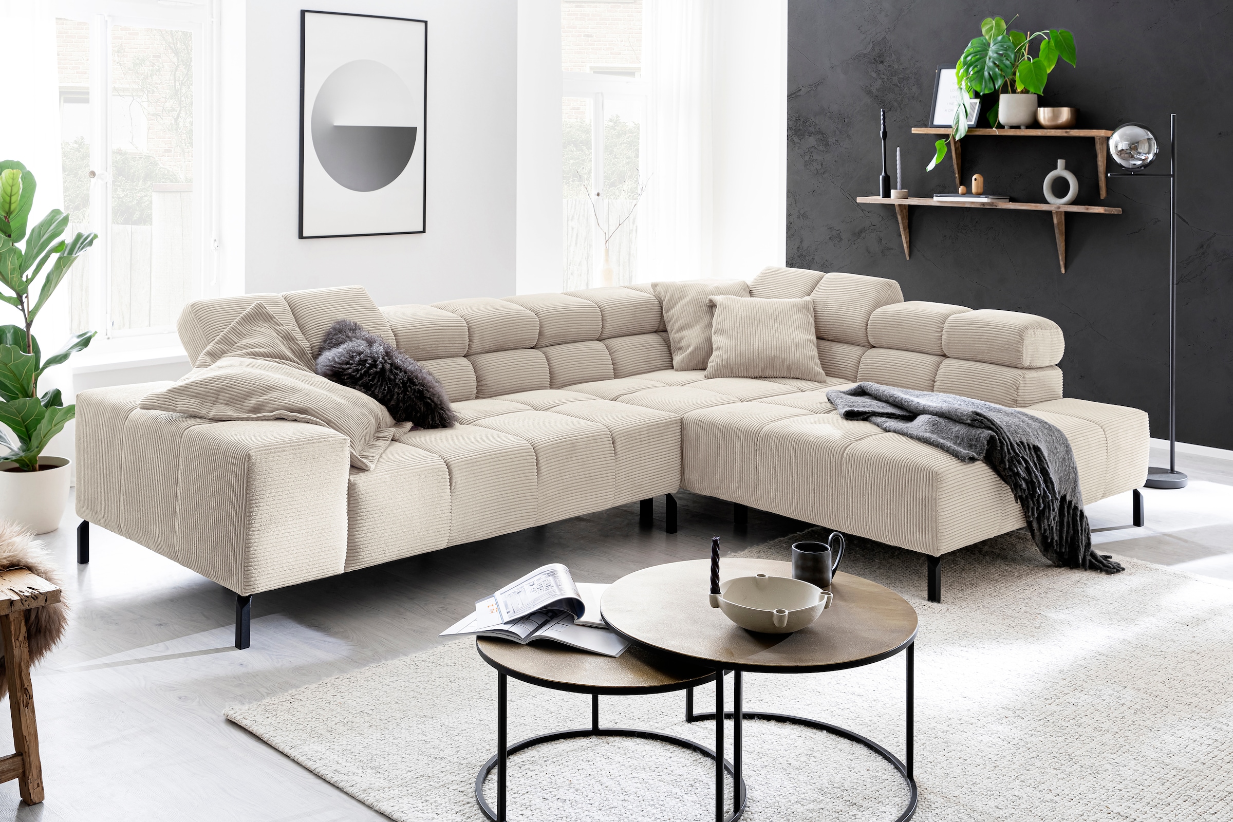Image of Home affaire Ecksofa "Ancona New, wahlweise motorische Sitztiefenverstellung, auch in Cord" feine Steppung, mit Kopfteilverstellung, 3 Zierkissen, L-Form