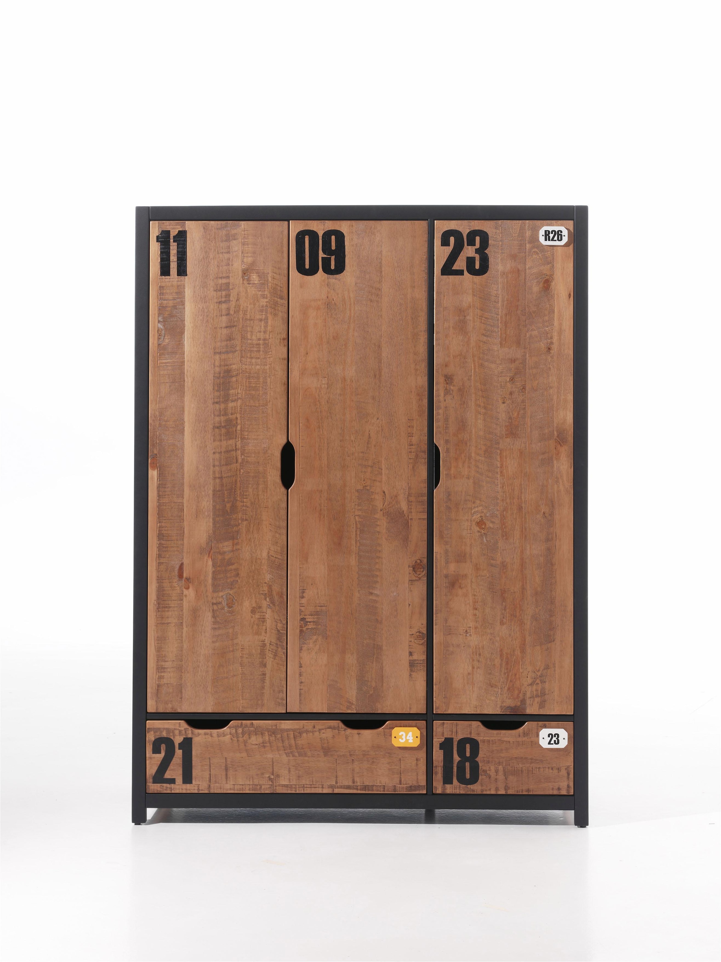 Image of Vipack Kleiderschrank "Alex, Fronten massiv Kiefer in Hobel-Optik, Dekor Ziffern" H/T ca. x200x55cm, Rahmen schwarz, wahlweise 2 Breiten, aus teilmassiver Kiefer und MDF in 2 Breiten