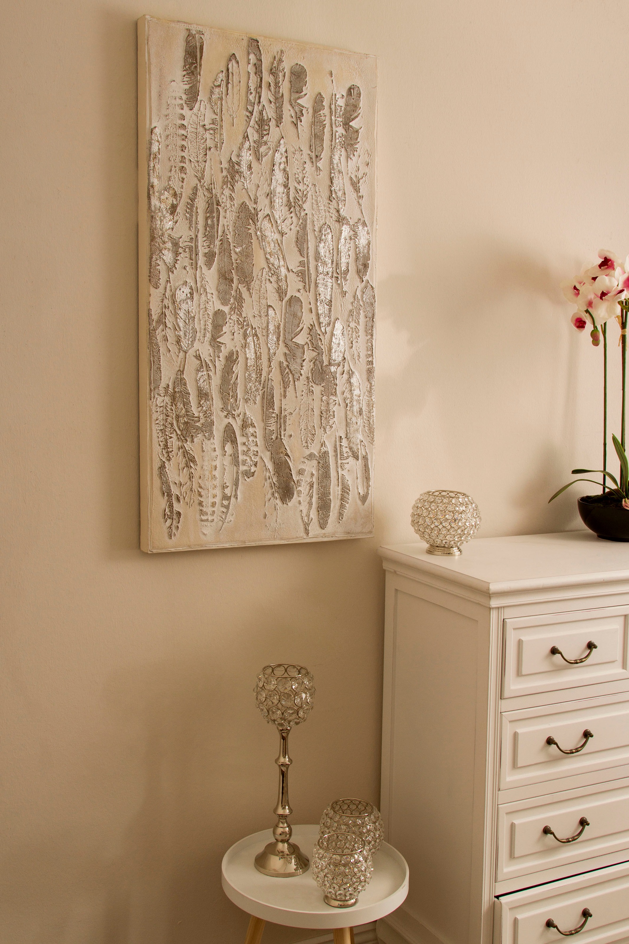 Image of Myflair Möbel & Accessoires Ölbild »Gemälde Madie, silberfarben«, Bild auf Leinwand, Motiv Federn, 100x50 cm, Wohnzimmer bei Ackermann Versand Schweiz