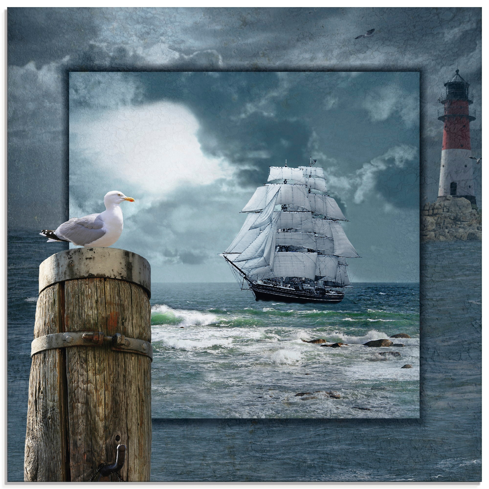 Image of Artland Glasbild "Maritime Collage mit Segelschiff" Boote & Schiffe 1 Stk. tlg. in verschiedenen Grössen