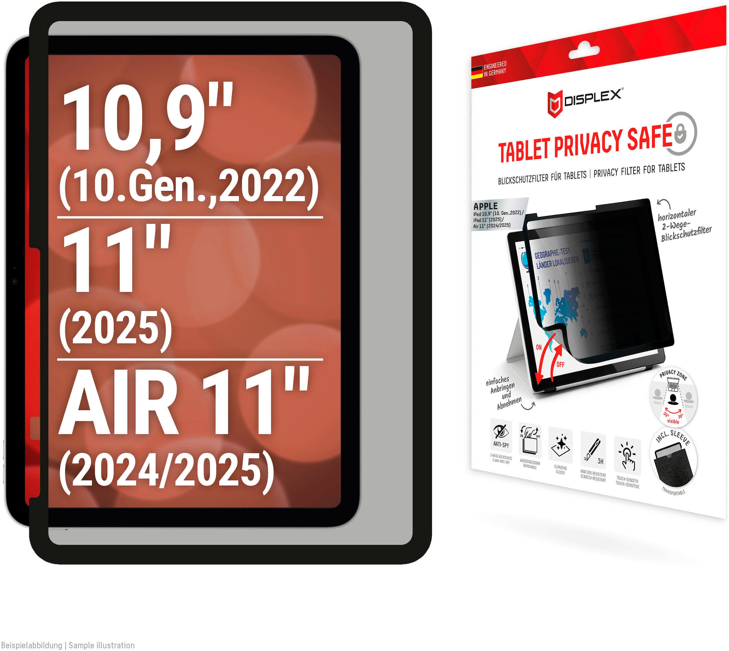 Image of Displex Displayschutzfolie "Tablet Privacy Safe" für Apple iPad 10,9" (10. Gen., 2022);Apple iPad 11" (2025);Apple iPad Air 11" (2024/2025) Blickschutzfolie, Schutzfolie, Bildschirmschutz, kratz- & stossfest