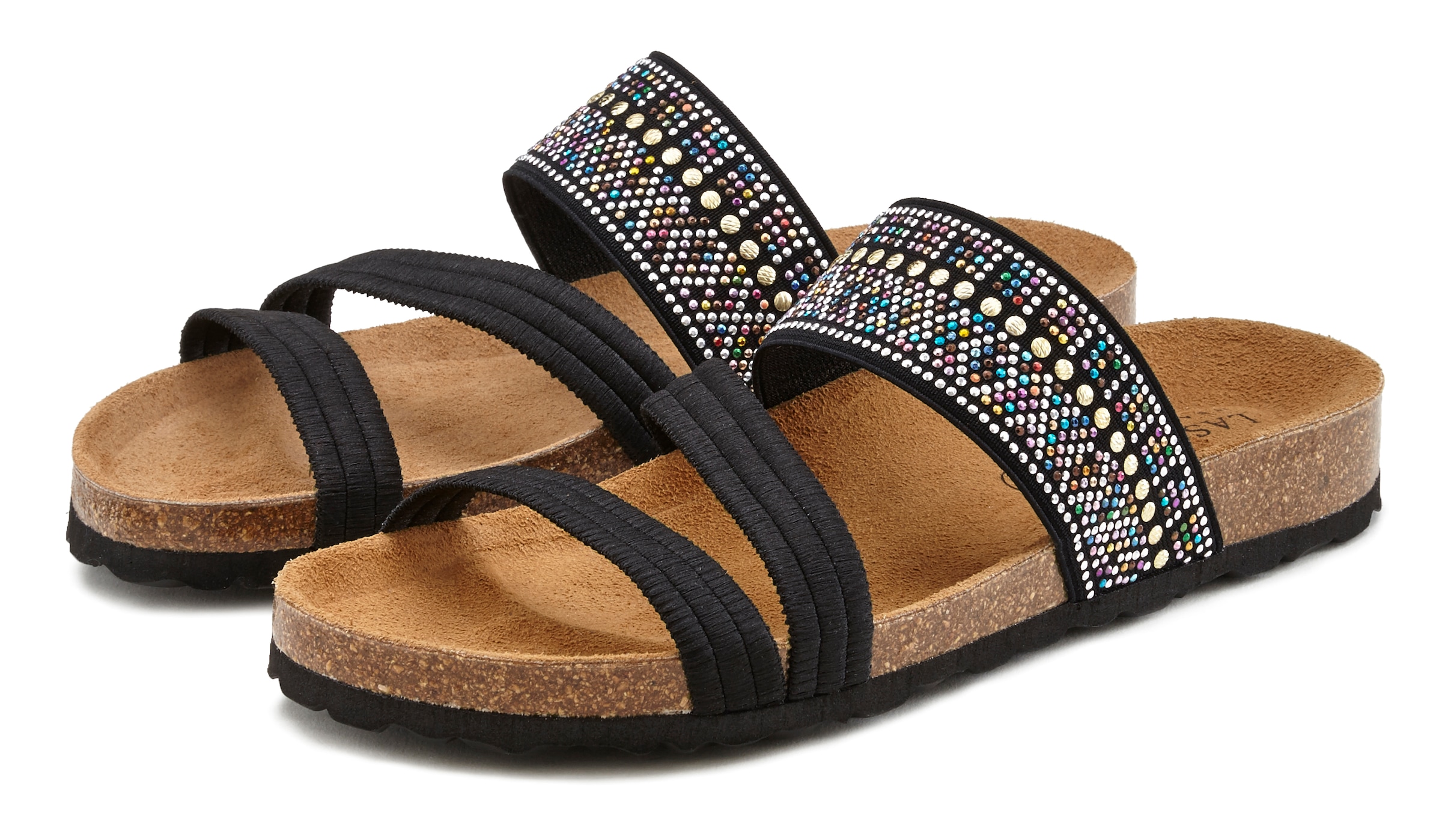 LASCANA Pantolette »Mule, Sandale, offener Schuh, Sommerschuh,«, mit Komfortkorkfussbett aus Leder und elastischen Riemen