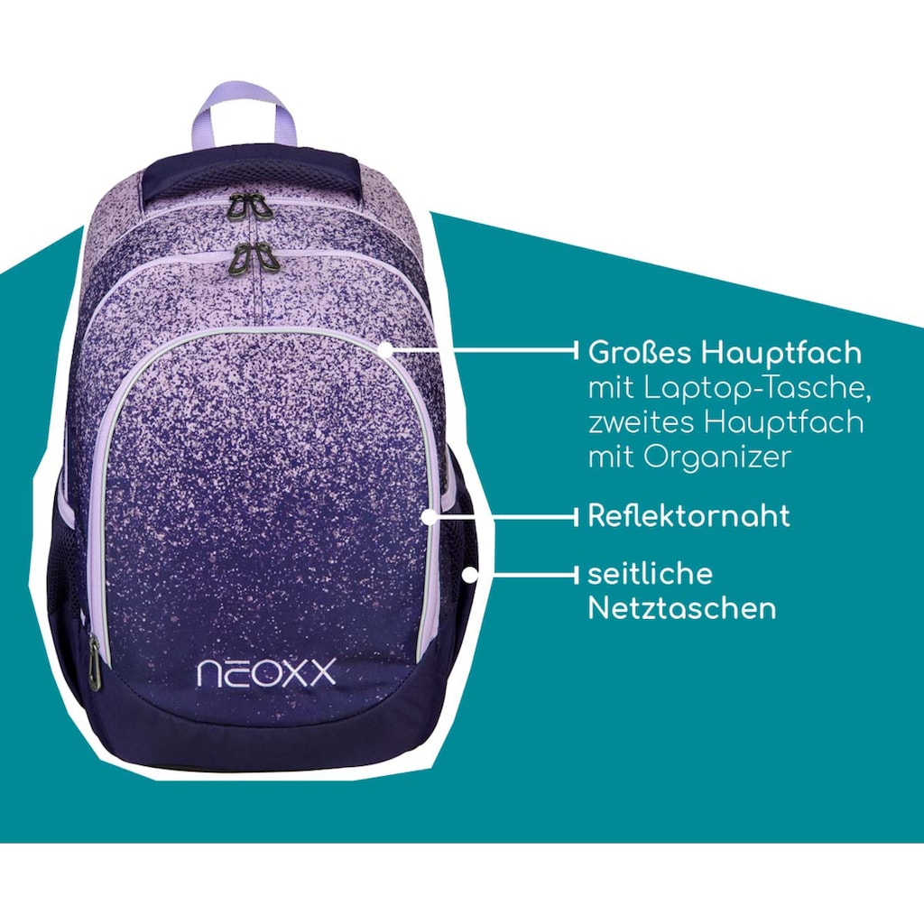 neoxx Schulrucksack »Fly, Glitterally perfect«, Reflektionsnaht, aus recycelten PET-Flaschen
