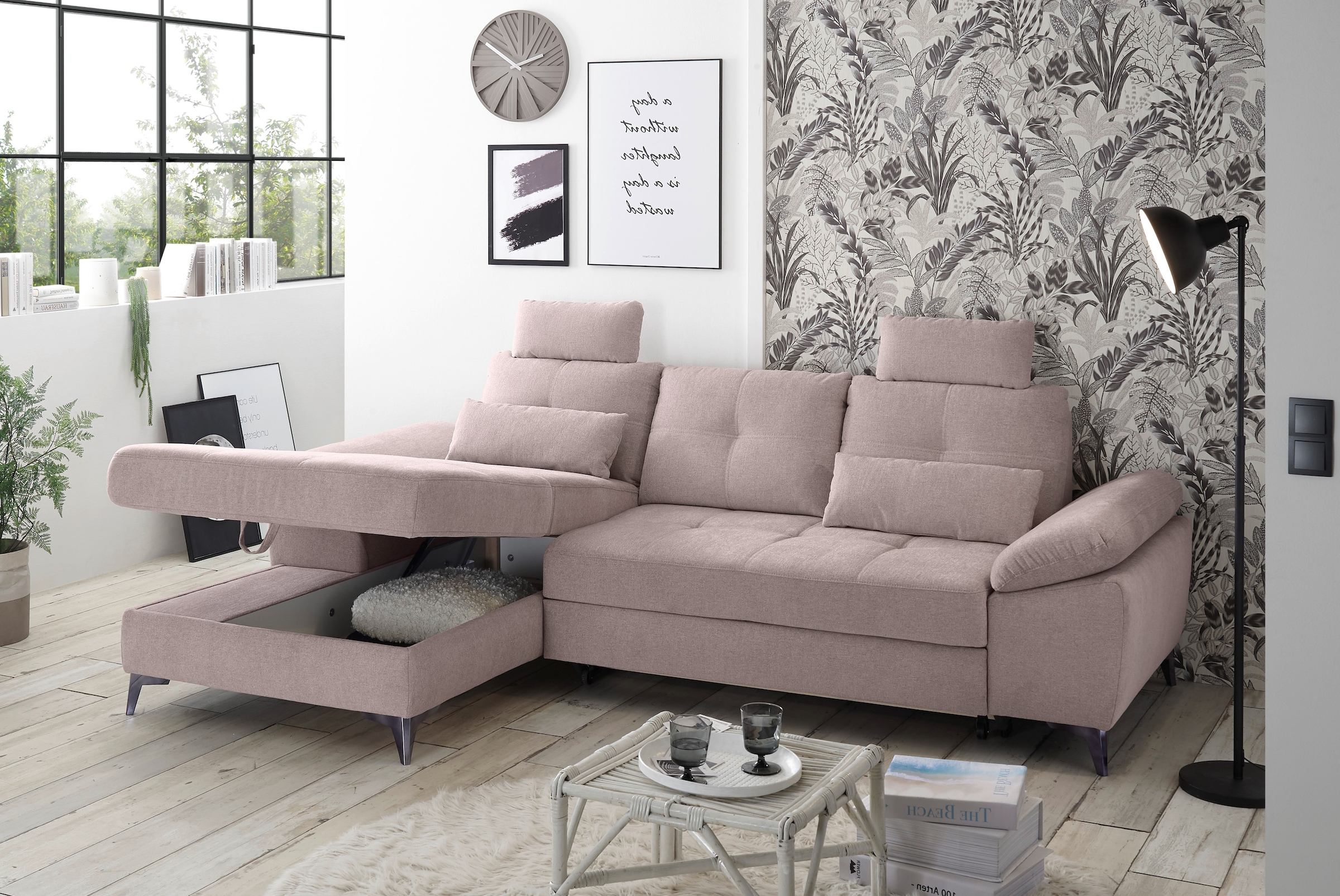 ED EXCITING DESIGN Ecksofa »Auckland L-Form mit Bettfunktion, Bettkasten«, Armteilverstellung, Kopfstützen & 2 Nierenkissen