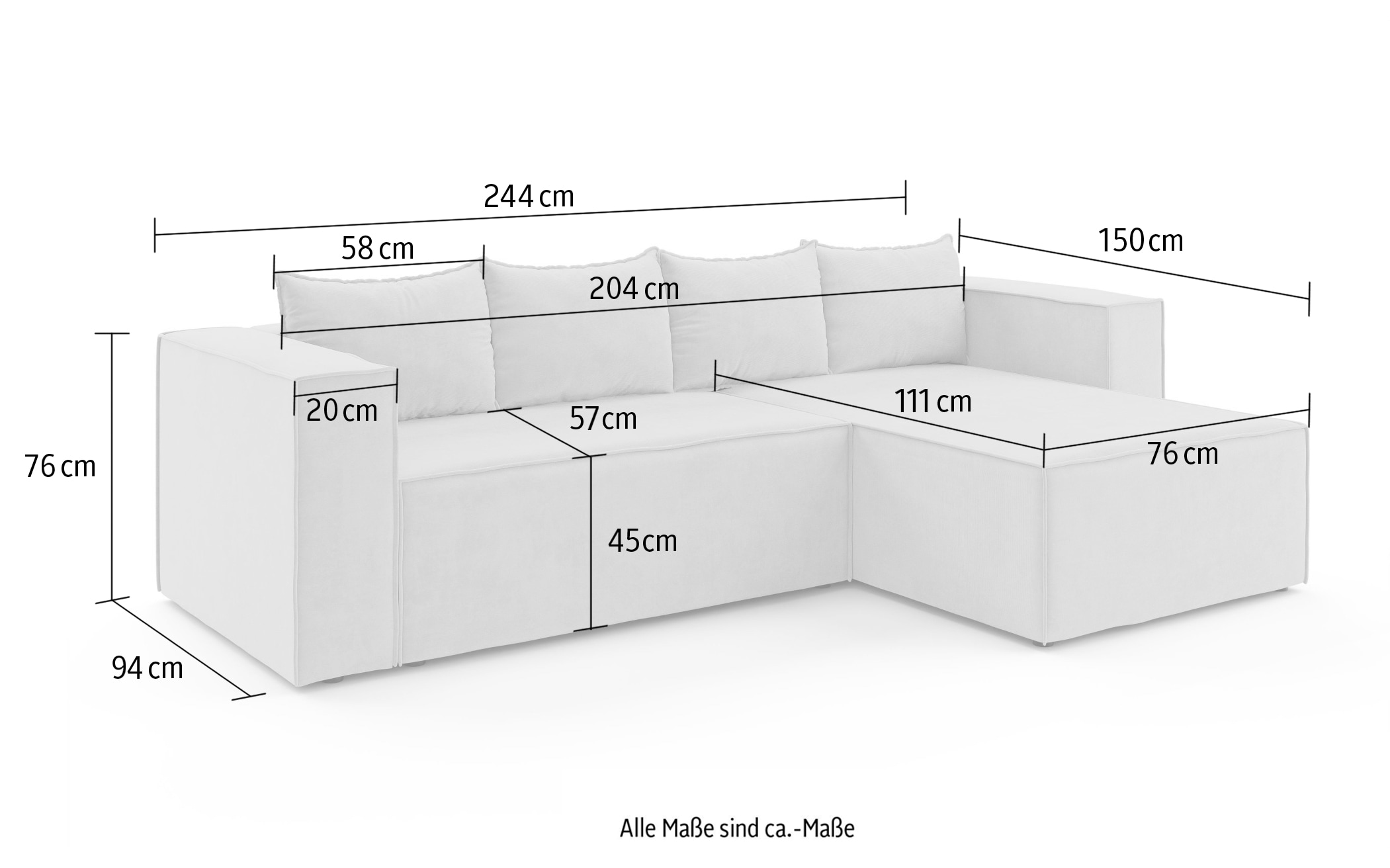 INOSIGN Ecksofa »LINCOLNVILLE mit Bettfunktion und Bettkasten, Masse B/H/T 244/76/150 cm«, L-Form mit Wellenunterfederung, Recamiere beidseitig montierbar