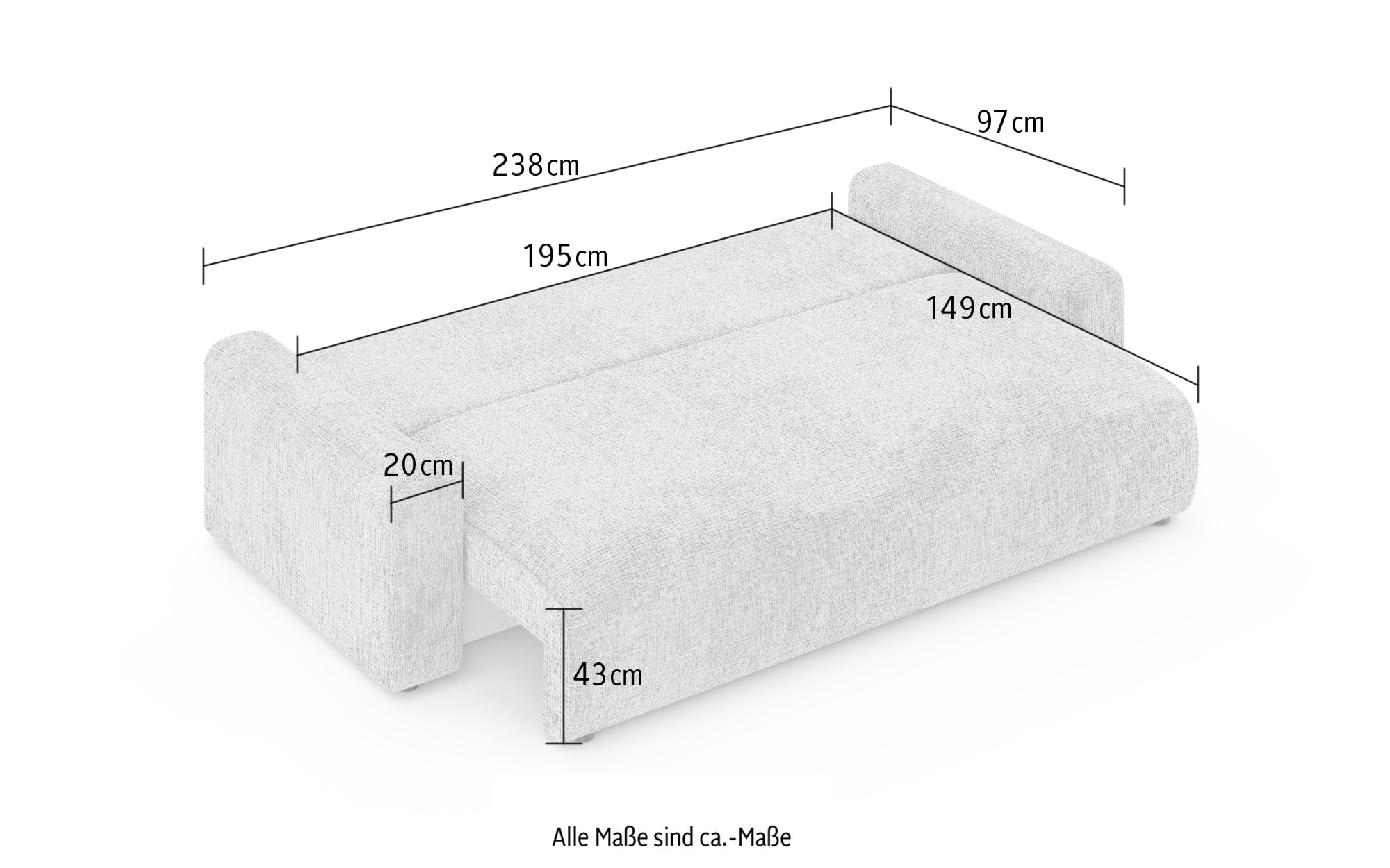 Home affaire Big-Sofa »LAKESIDE klein 3-Sitzer Schlafsofa mit Bettkasten, Breite 238 cm« Liegefläche 149x195 cm, hoher Sitzkomfort, Masse B/T/H: 238/98/85cm