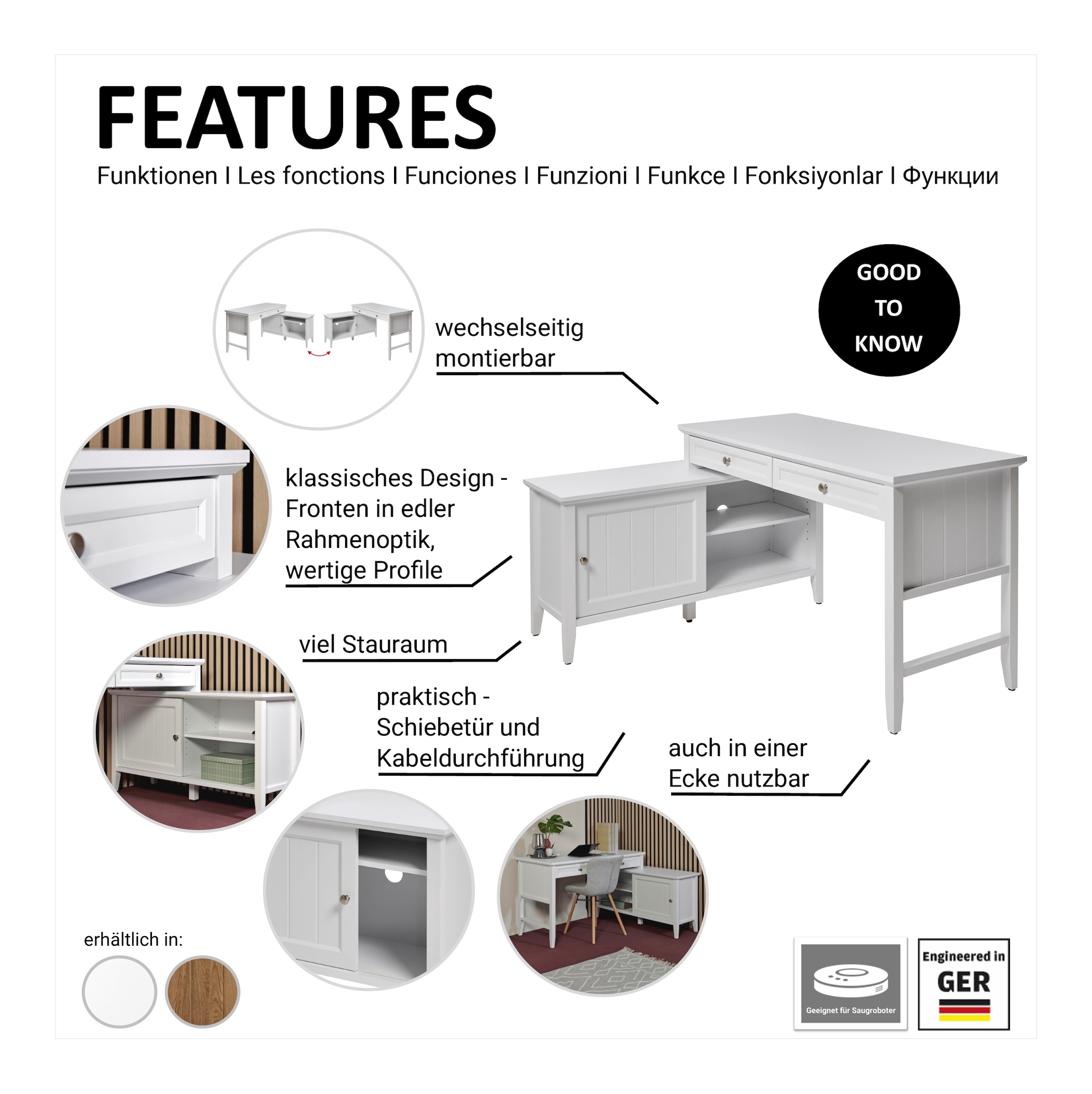 Jahnke Bureau d'angle »CLASSIC C 145 E« montage réversible, avec porte coulissante, dimensions 144,9 x 120 cm