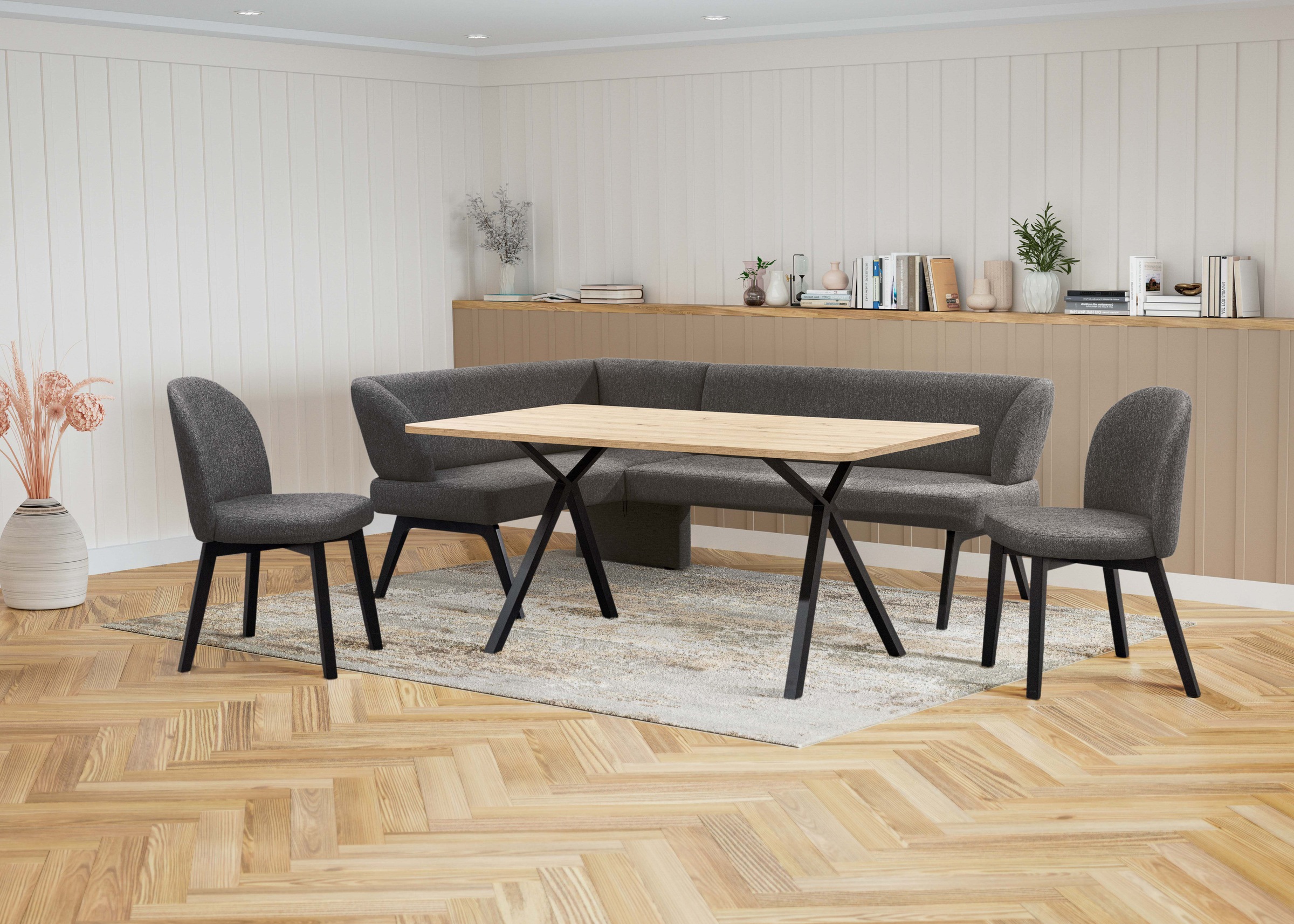 Image of GOODproduct Eckbankgruppe "Aretha Essecke, Sitzgruppe, Eckbank, Küchenbank" Set, 4er, 4 Stk. tlg. Esszimmer Sitzgruppe, Tisch, Stühle und Bank gepolstert, Nosagfederung