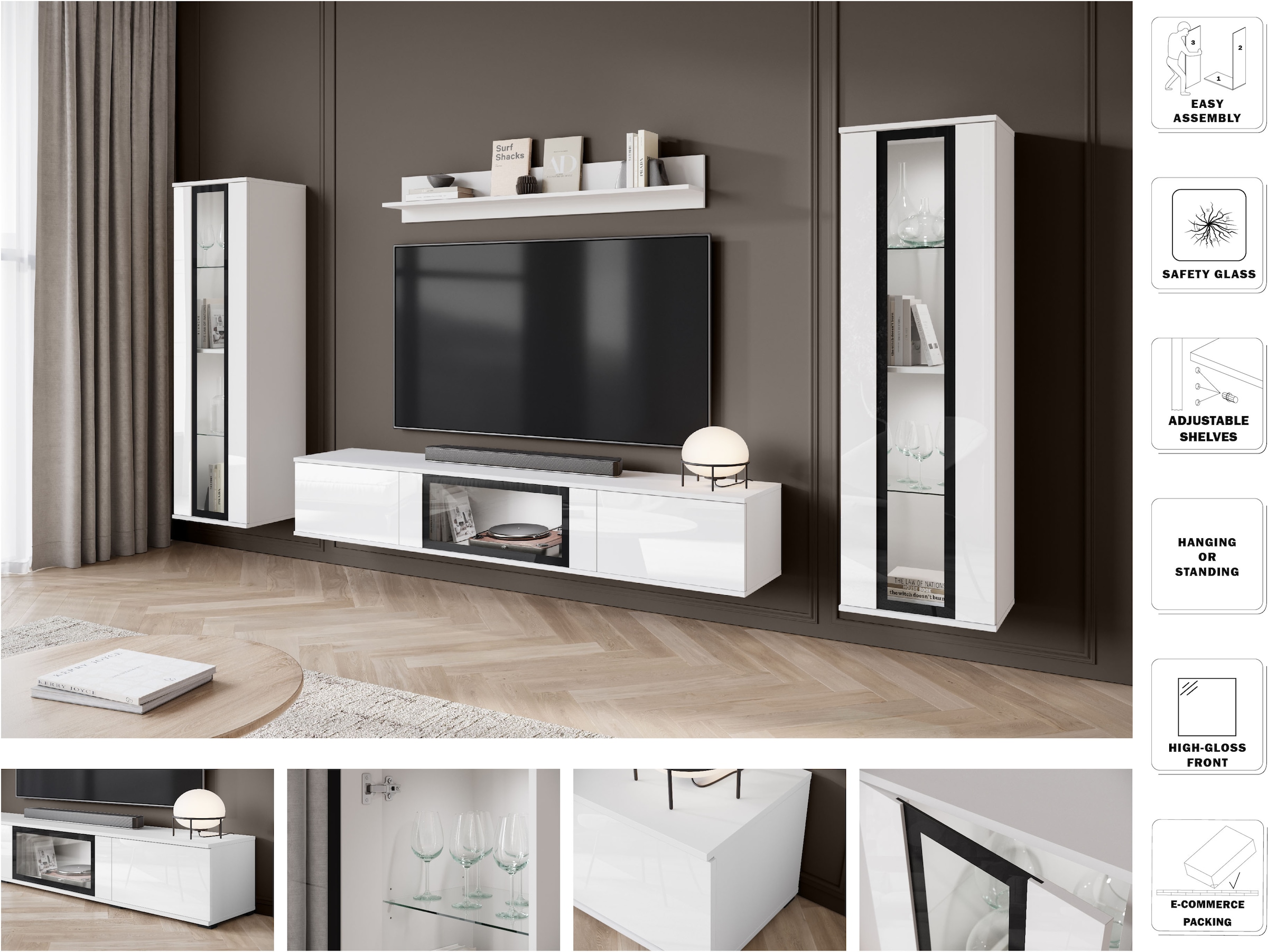 Home affaire Wohnwand »Caro, stehend und hängend montierbar« Komplett-Set, Vitrine Türanschlag links/rechts wechselbar, 4 Stk. tlg.