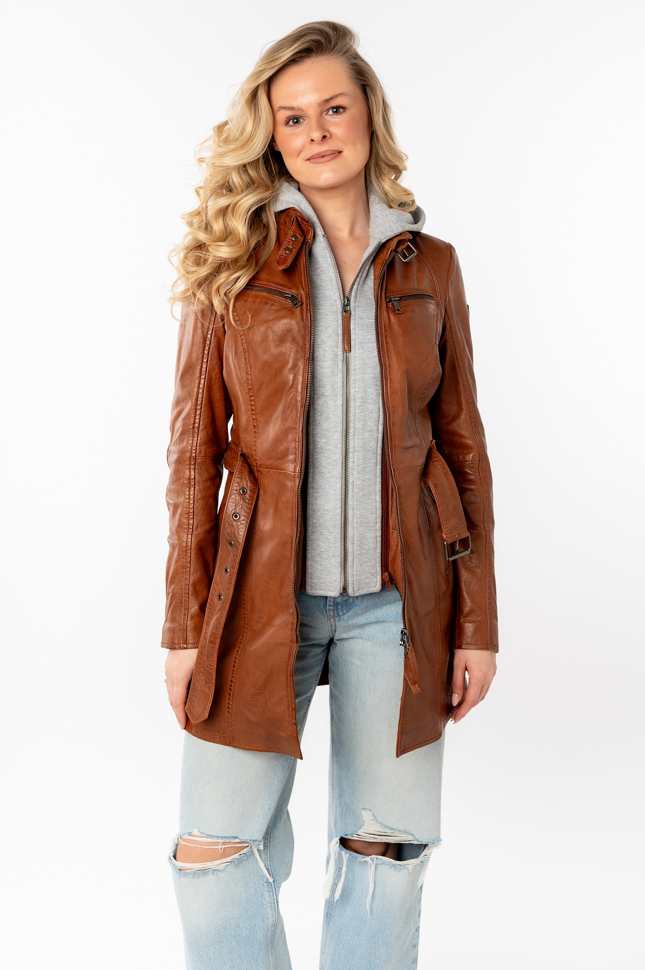 Image of Mauritius Lederjacke "Bente OT 2" mit Gürtel, mit Kapuze (mit Gürtel) lange Lederjacke mit Gürtel & abnehmbarem Kapuzen-Inlay