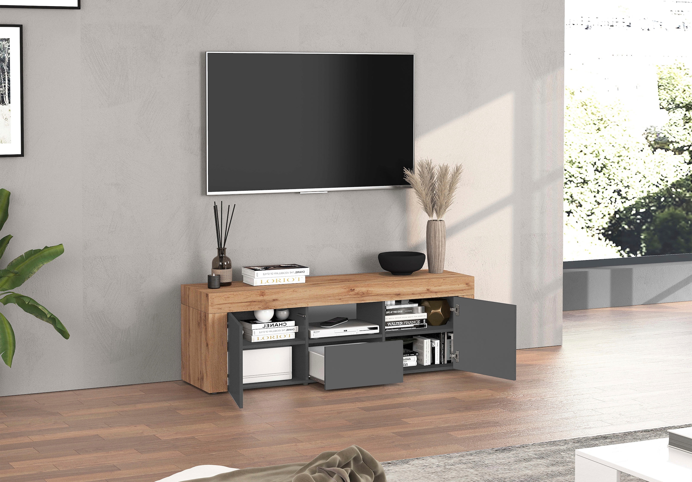 GOODproduct Table basse »CHRONOS Breite 155 cm mit 2 Türen, 1 Schublade,1 offenes Fach« 1 cuis tlg. TV-Board, Sideboard niedrig, Grifflos mit Push to Open 'Made in Italy'