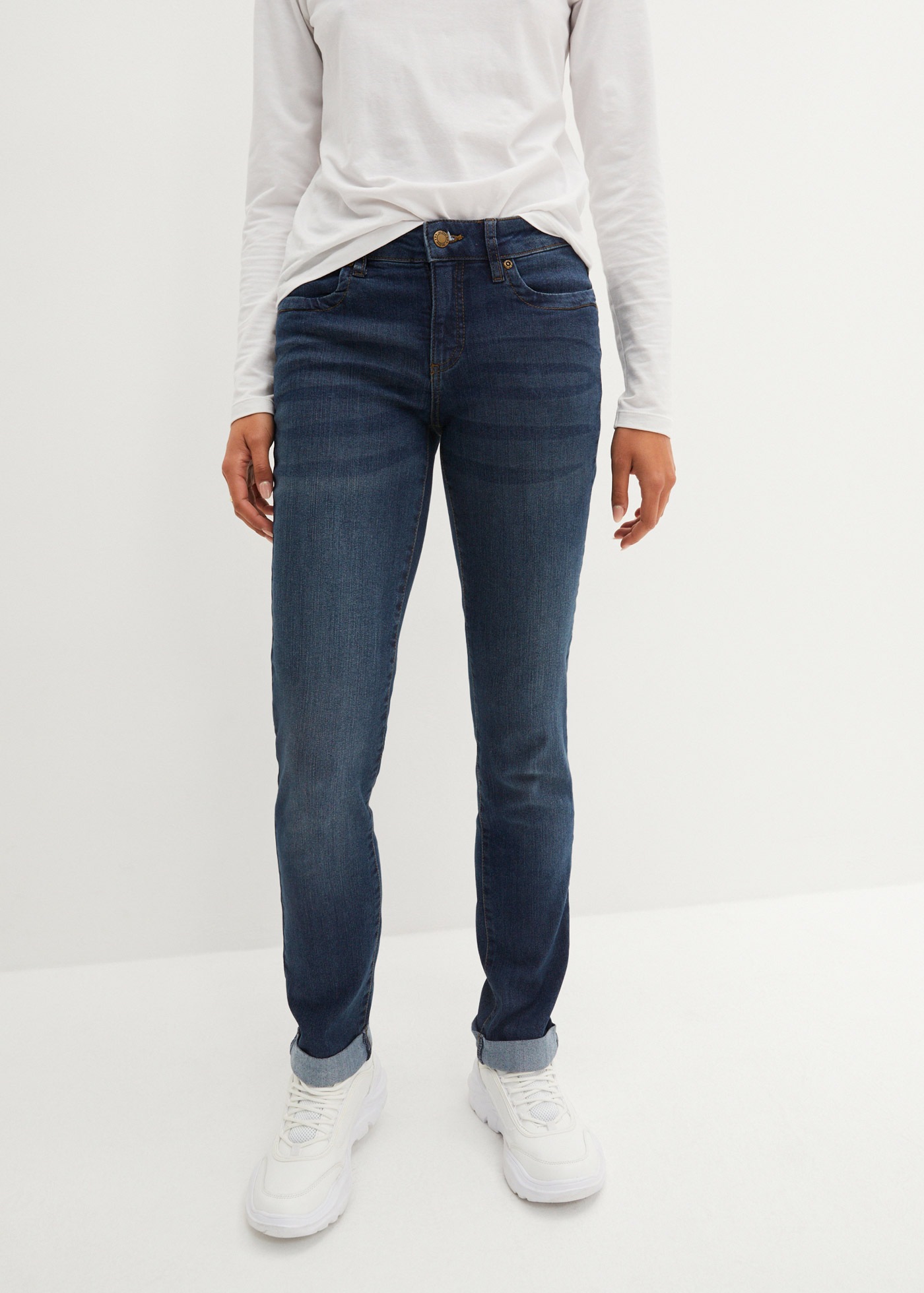 Image of bonprix Straight-Jeans "Straight Jeans Mid Waist, Stretch" Regular Fit, mit Aufschlag, im Five-Pocket-Style