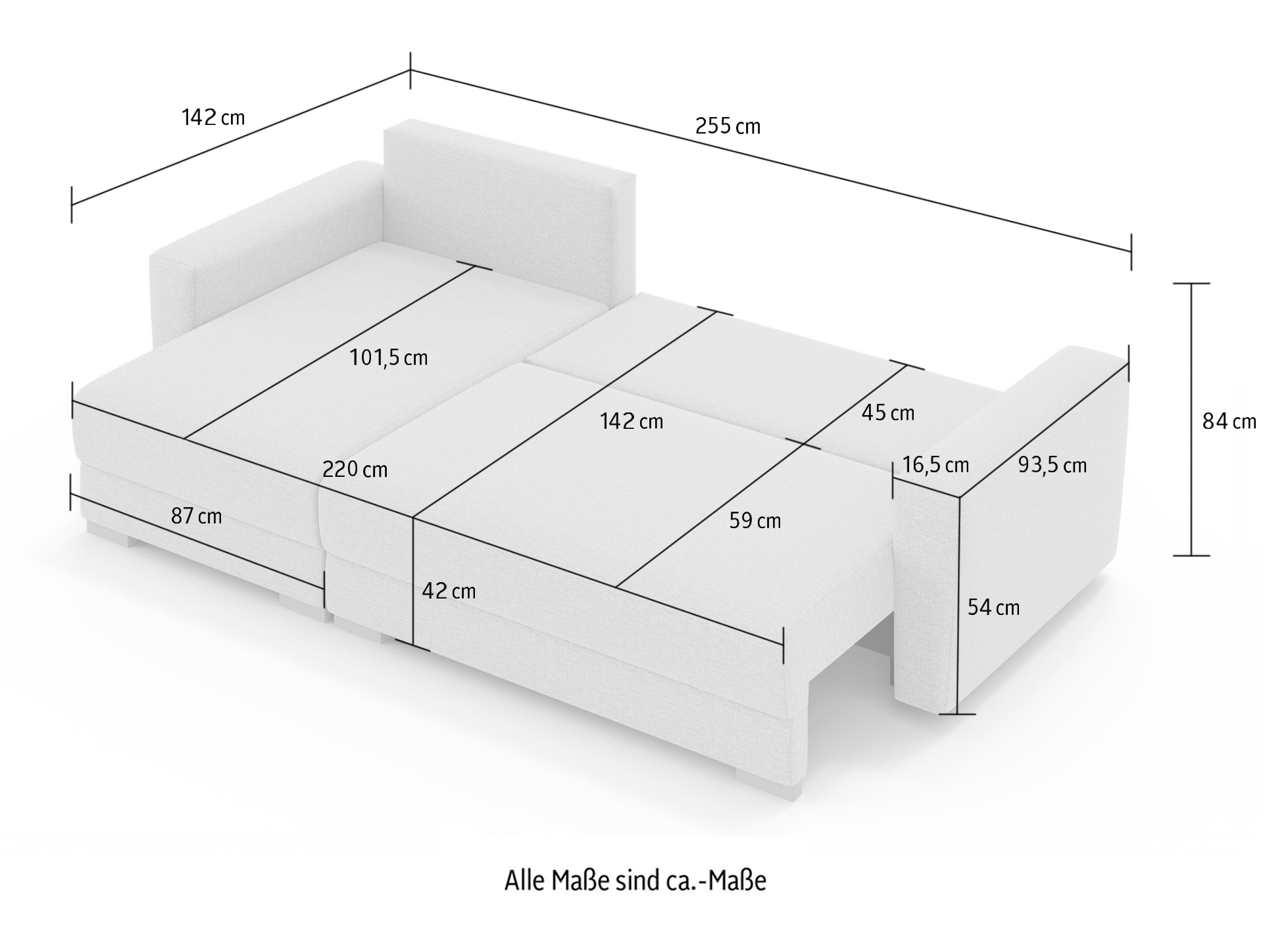 Home affaire Ecksofa »MAGHERA universell Schlafsofa mit Bettkasten, Masse B/T/H: 255/142/84cm« L-Form mit Recamiere rechts oder links montierbar, hoher Sitzkomfort