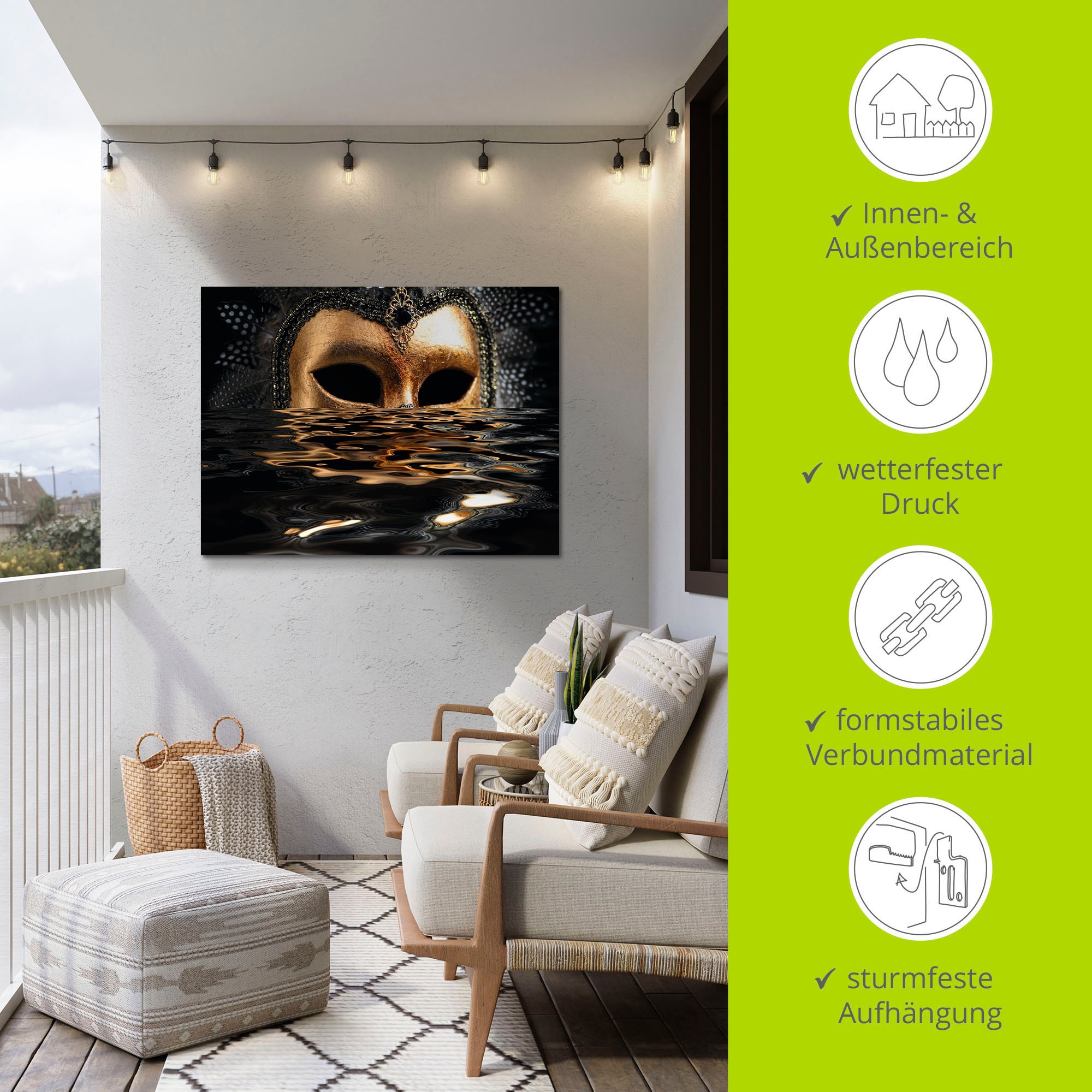 Artland Wandbild »Venezianische Maske mit Blattgold«, Karneval, (1 St.), als Alubild, Outdoorbild, Leinwandbild, Poster, Wandaufkleber