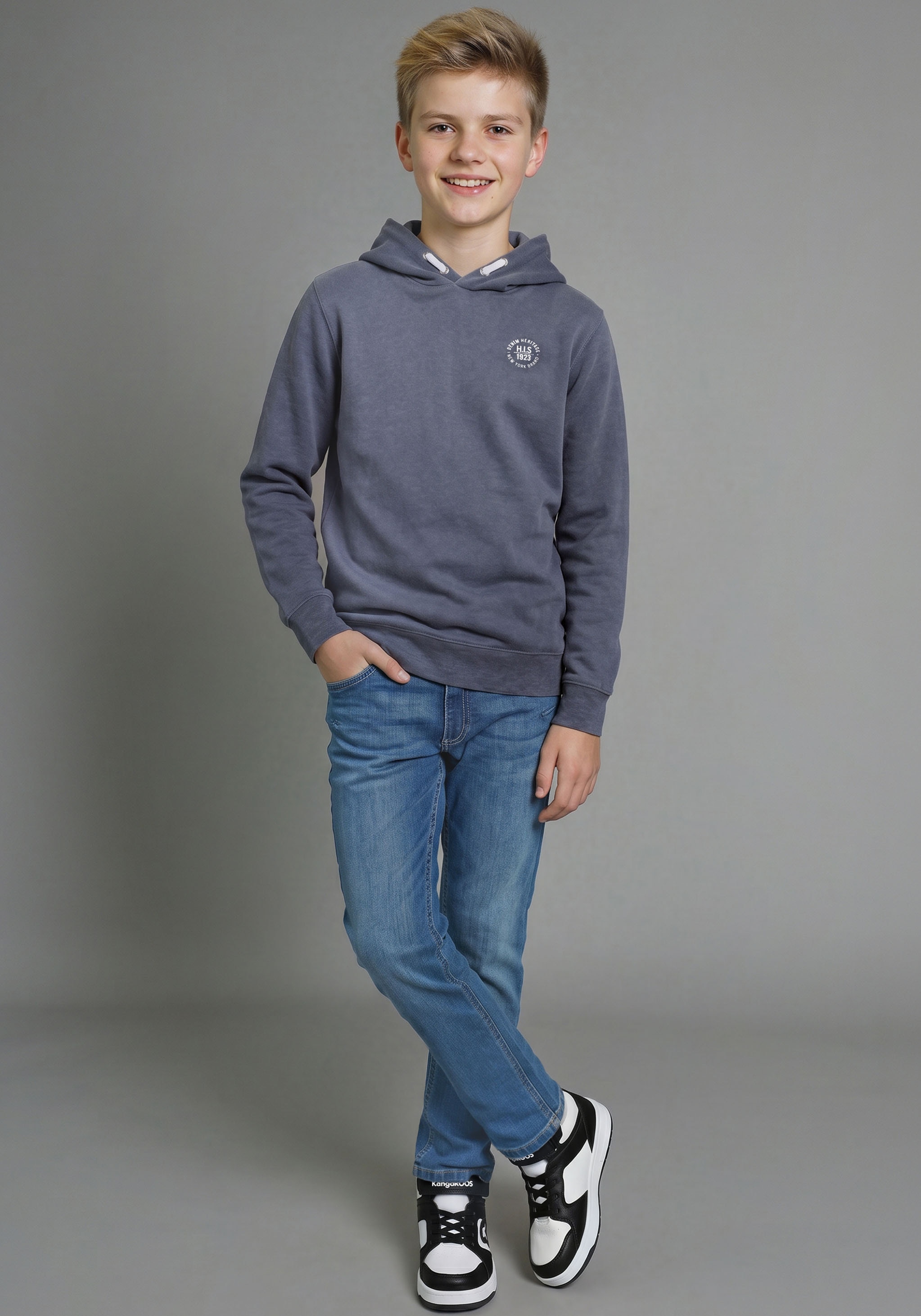 H.I.S Sweat à capuche »H.I.S Hoodie mit Logo-Druck in melierter Ware für Jungen«, Pour ados. Sweat à capuche avec petit imprimé
