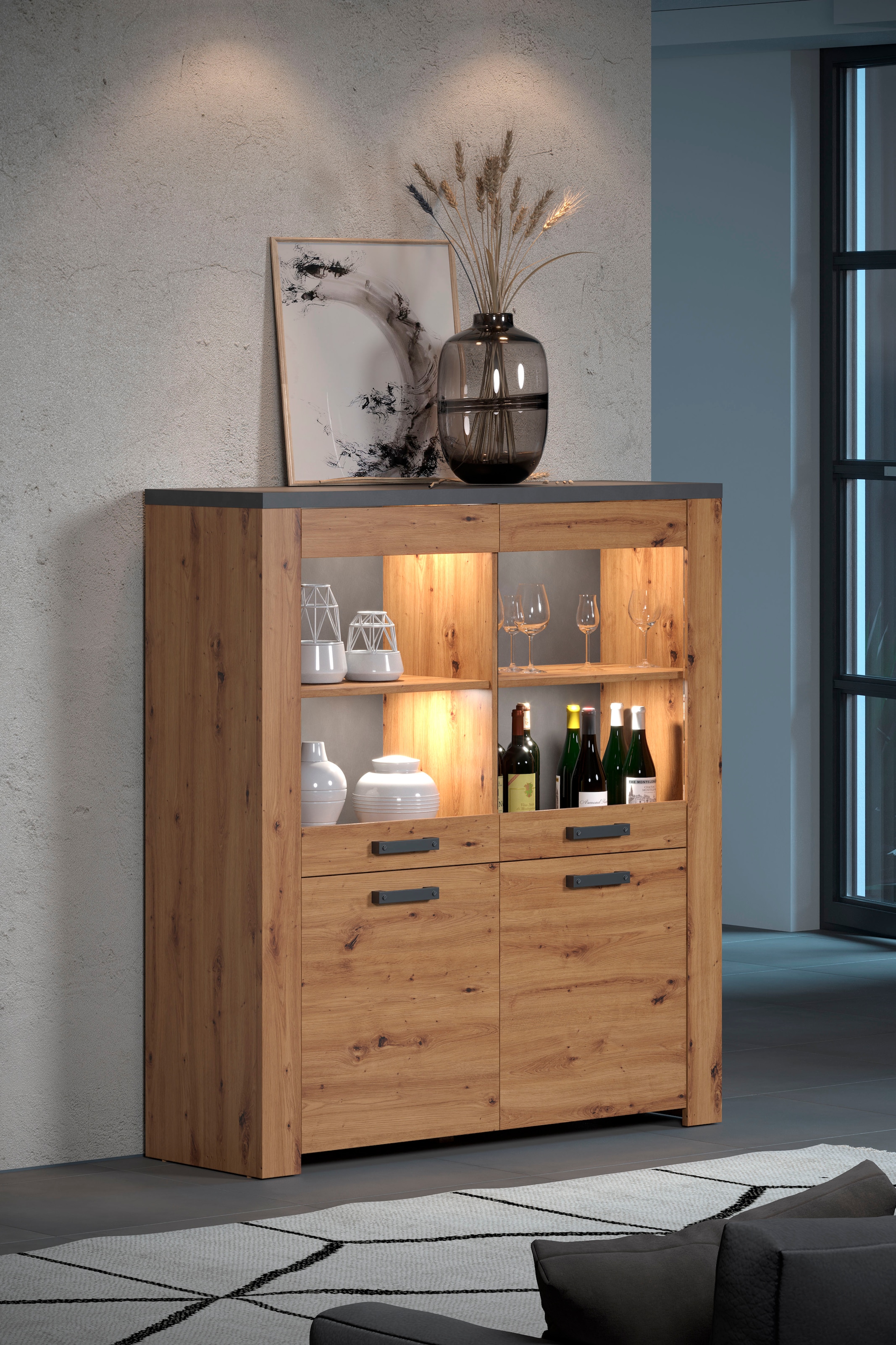 Home affaire Highboard »Ambres«, (1 St.), Vitrine, Echtholzoptik, ca. Masse BxH: 127x139 cm