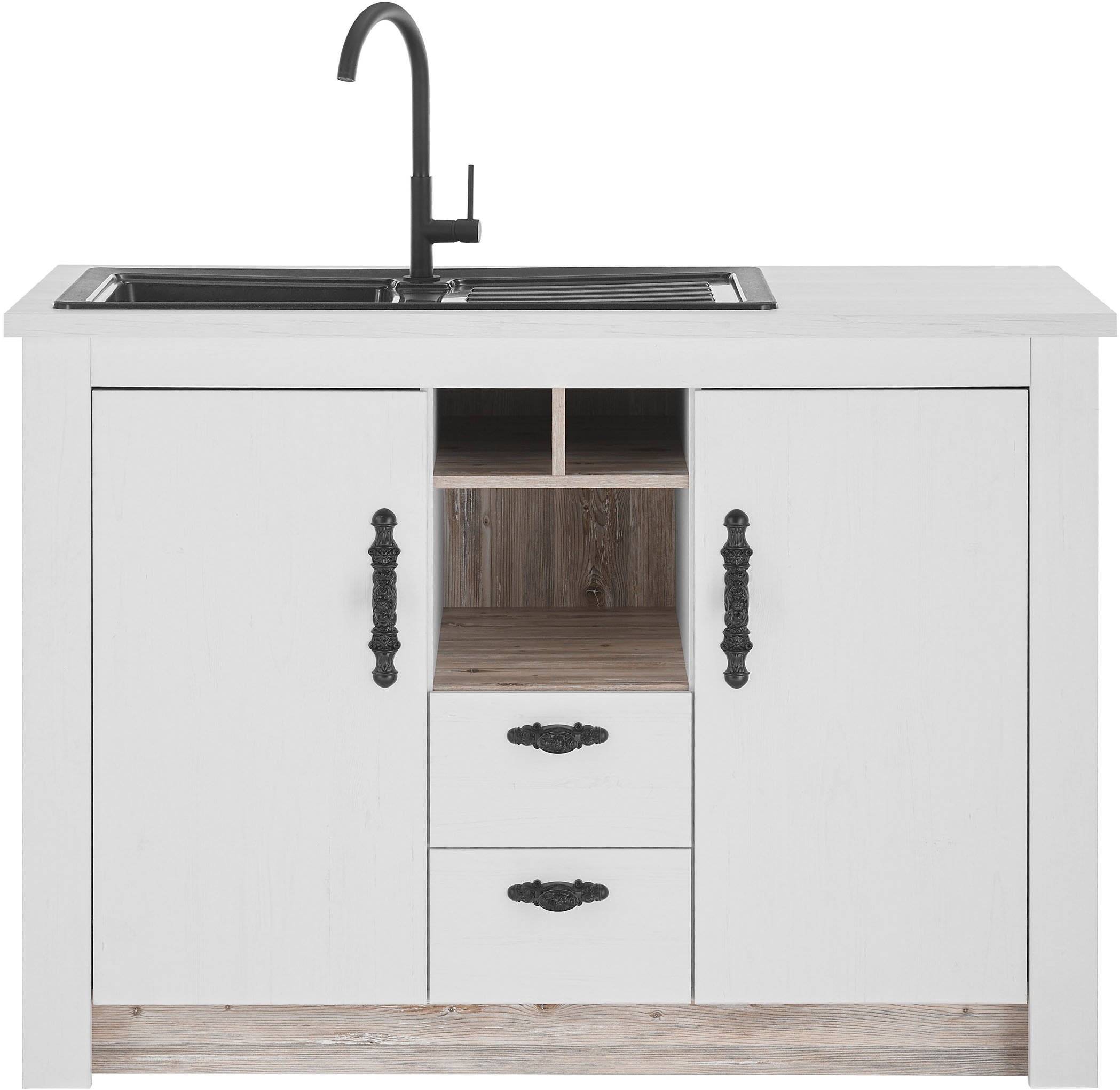 Home affaire Spülenschrank »Florenz, Küchenunterschrank in Pinie Weiss, Unterschrank«, mit verschnörkeltem Metallgriff, im Landhausstil, Arbeitshöhe 92 cm
