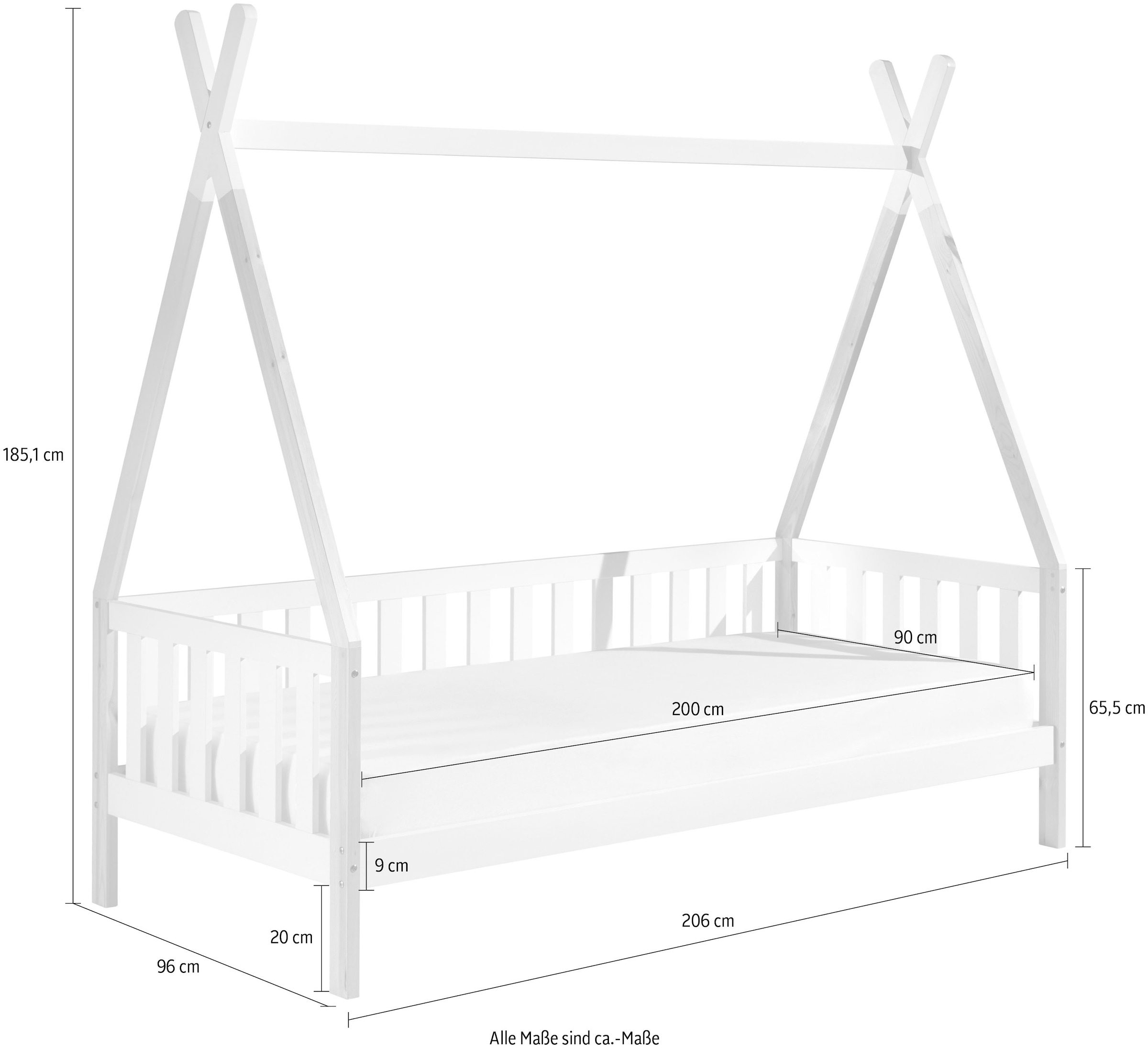 Vipack Kinderbett »Tipi, mit Querstange in Zelt-Optik, Kiefer massiv« B/H/T ca. 206x185,1x96cm, seitliche Sprossenumrandung,  inklusive Rolllattenrost und wahlweise mit Bettschublade