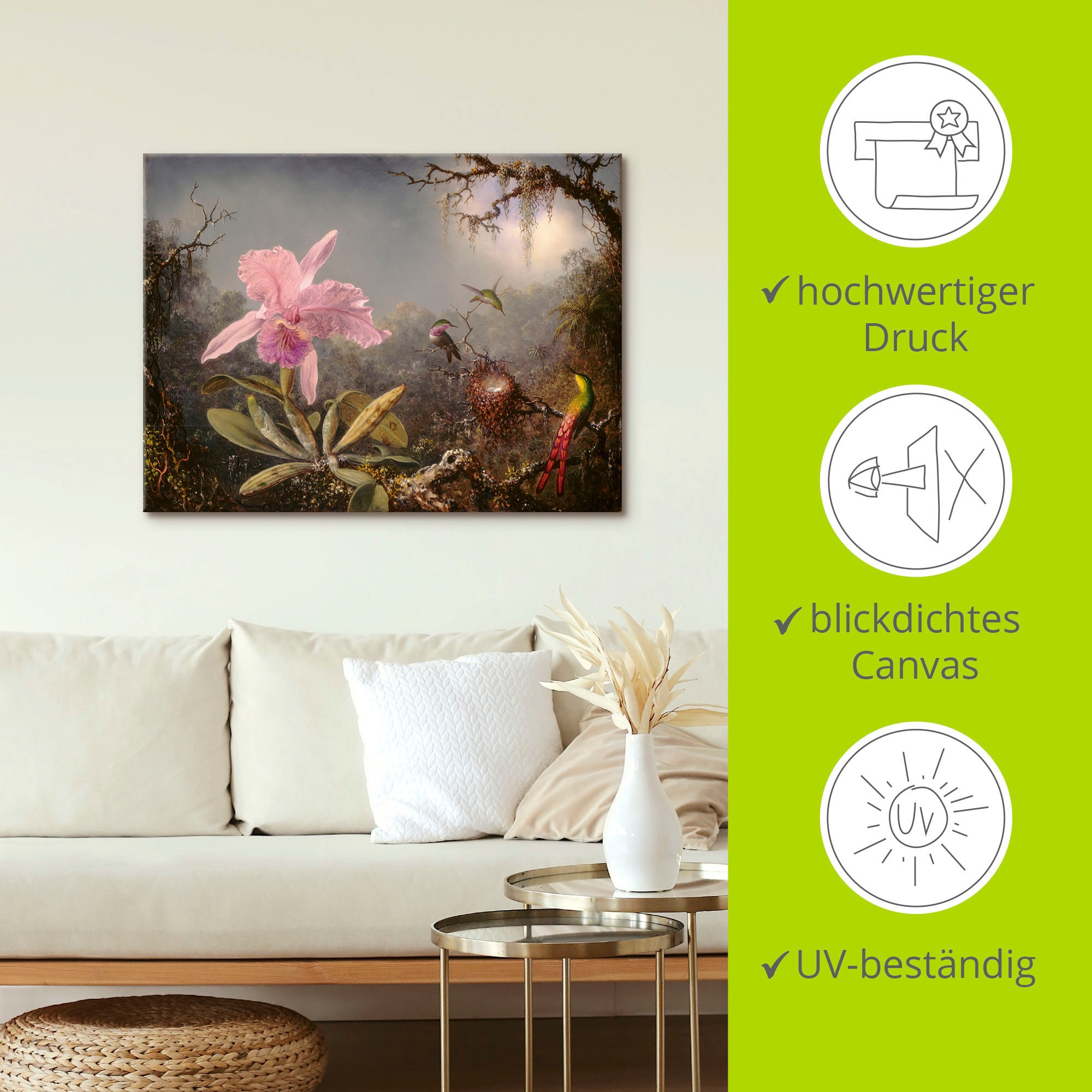 Artland Tableau sur toile »Cattleya Orchidee und drei Kolibris.« 1 cuis tlg. auf Holzrahmen gespannt