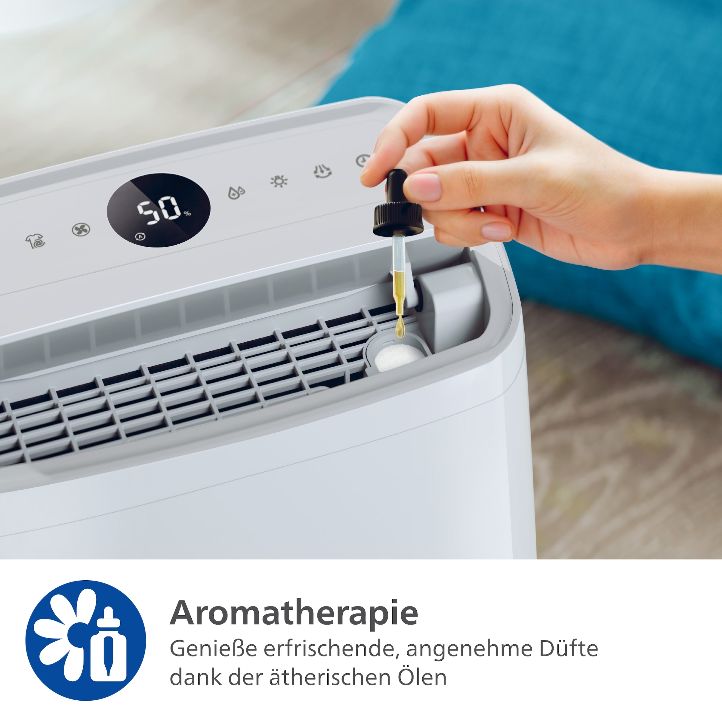 Philips Luftentfeuchter »DE3306/11 3000 Series, mit Wäschetrockner-Modus«, für 150 m³ Räume, Entfeuchtung 34,3 l/Tag, Tank 4 l, 360-Grad-Mobilität u. Aromatherapie-Zusatzoption