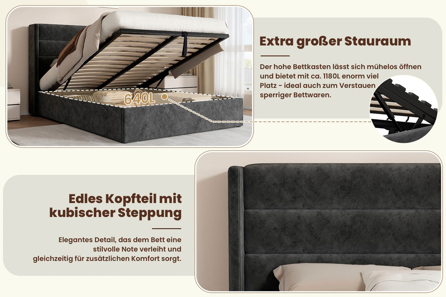GOODproduct Polsterbett »ROMMINA, Polsterbett mit Bettkasten in den Breiten 140cm & 180cm« Samtweicher Chenille-Bezug