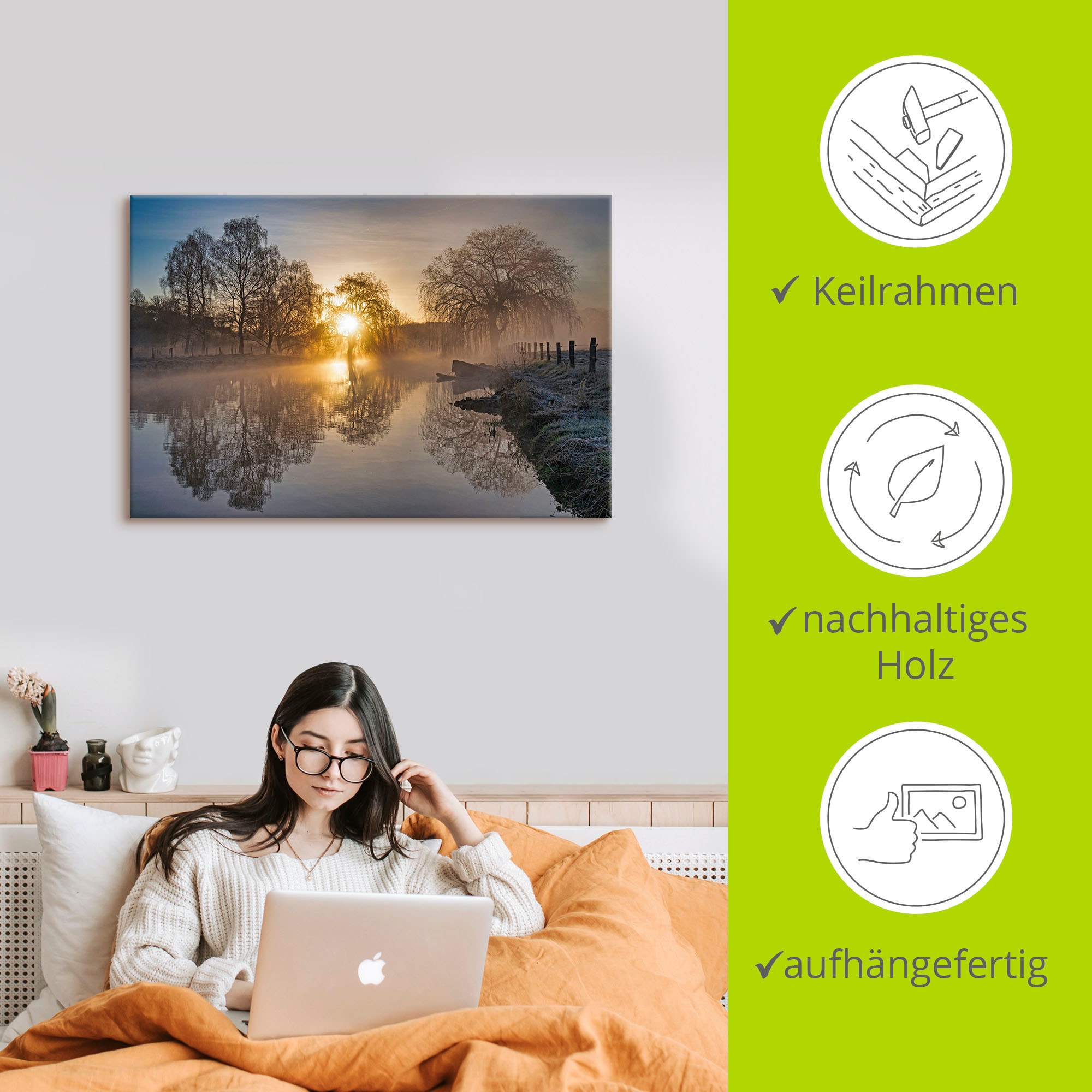 Artland Leinwandbild »Mystischer Morgen an der Trave« Bilder vom Sonnenuntergang & -aufgang 1 Stk. tlg. auf Holzrahmen gespannt