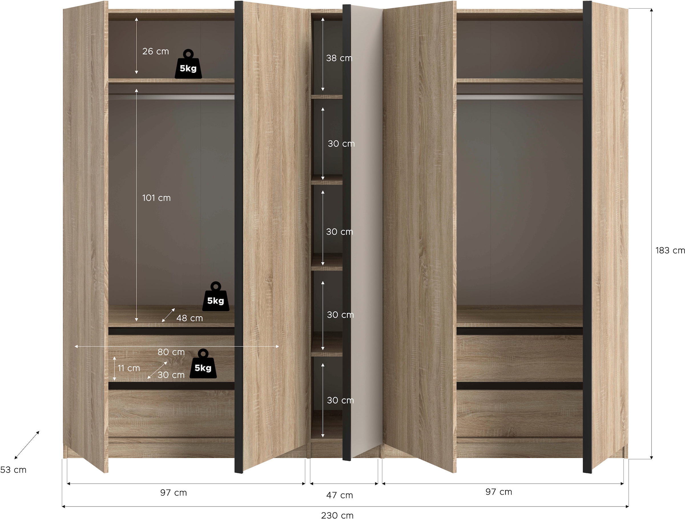 Home affaire Armoires à vêtements »BENDINGO, TOPSELLER!, Schlafzimmerschrank, Schrank, Garderobenschrank« OTTO BESTSELLER, Garderobe & Schlafzimmer,  230cm breit, Eiche NB, 5türig, 2 Kleiderstangen, 6 Böden, 4 Schubladen