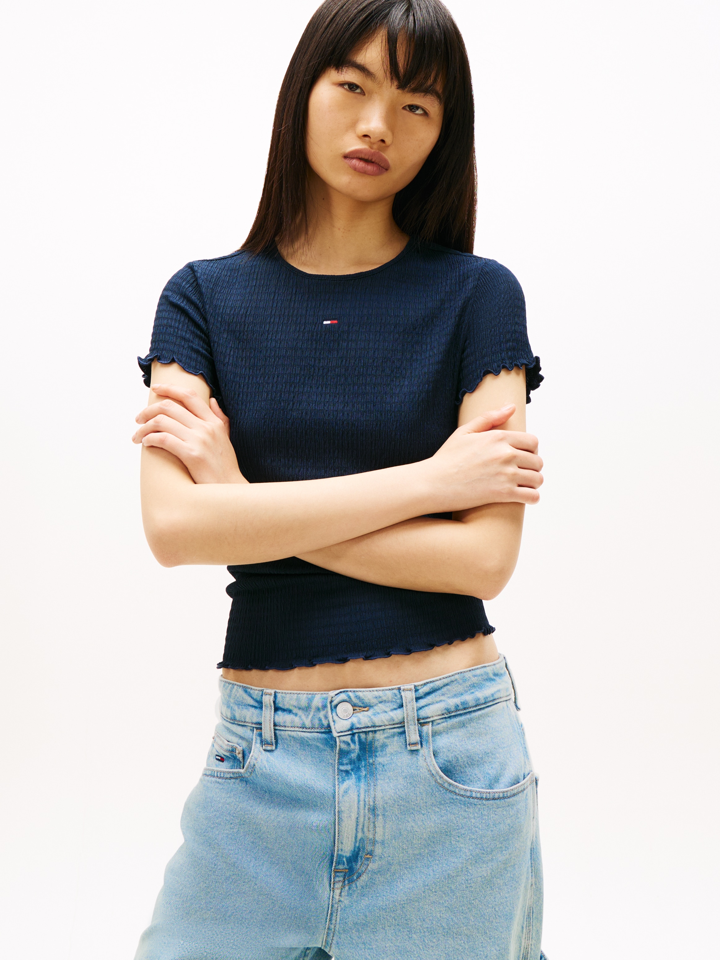 Image of Tommy Jeans Kurzarmshirt "TJW SLIM SMOCK SS TEE" aus Seersucker, mit Kräuselsaum
